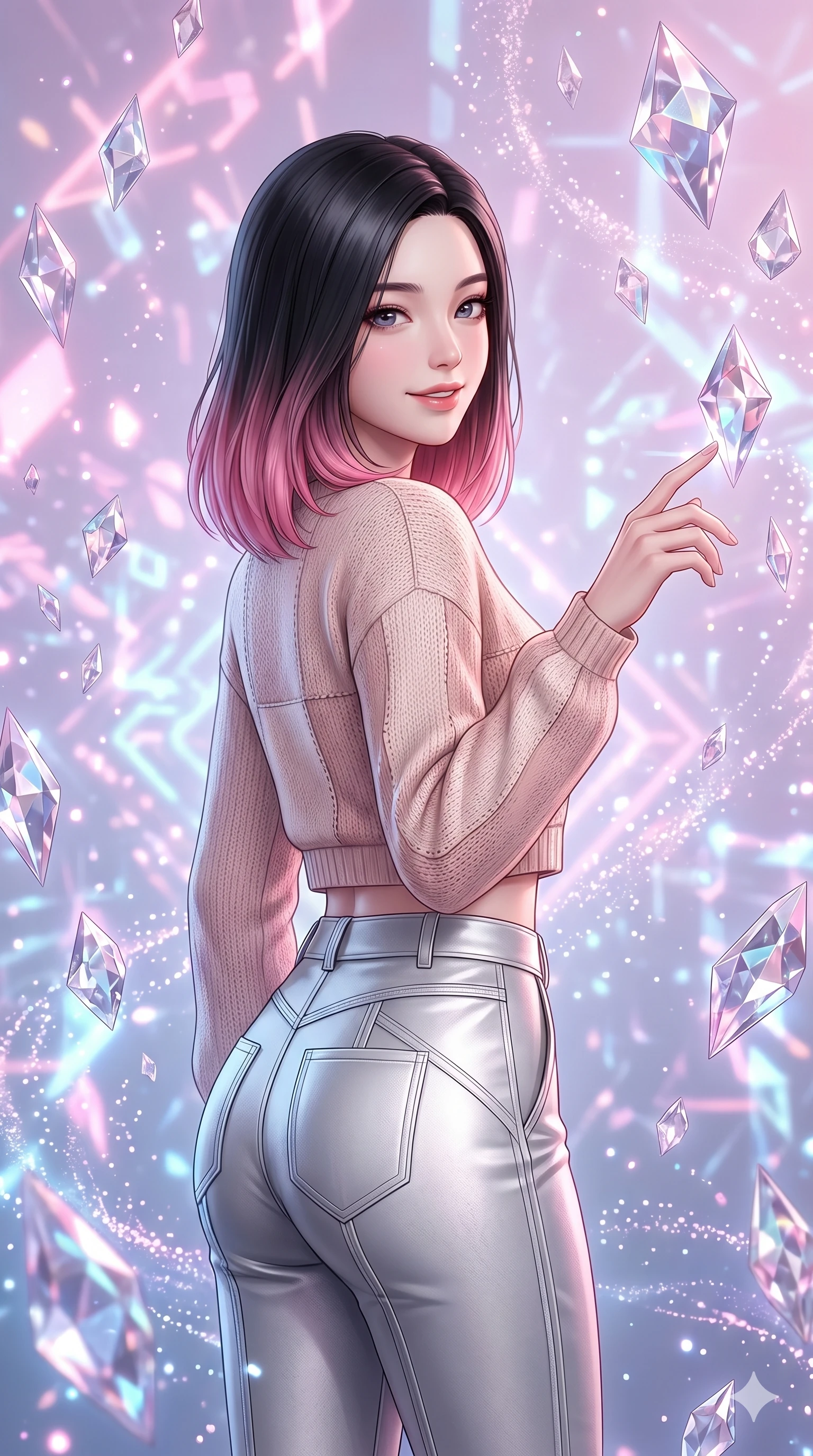 score_9, masterpiece, best quality, ultra-detailed, high-budget anime keyframe, semi-realistic 3D game render, Korean woman. Upper body close-up from the thighs up, character filling the screen for maximum presence. Inside a digital void, surrounded by floating crystal crystals, touching a crystal, looking back with a happy, relaxed expression. She is wearing a casual cropped sweater with delicate panels and structured silver trousers. The scene is bathed in soft pink and blue ambient lights refracting through the crystals. 2k, ultra detail, master piece, 9:16 ratio