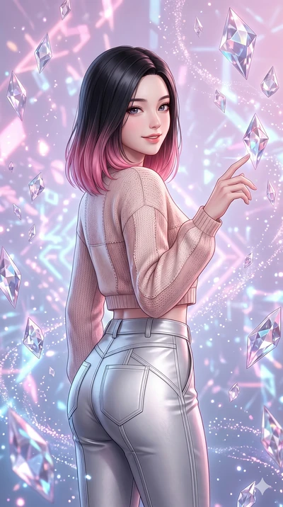 score_9, masterpiece, best quality, ultra-detailed, high-budget anime keyframe, semi-realistic 3D game render, Korean woman. Upper body close-up from the thighs up, character filling the screen for maximum presence. Inside a digital void, surrounded 
