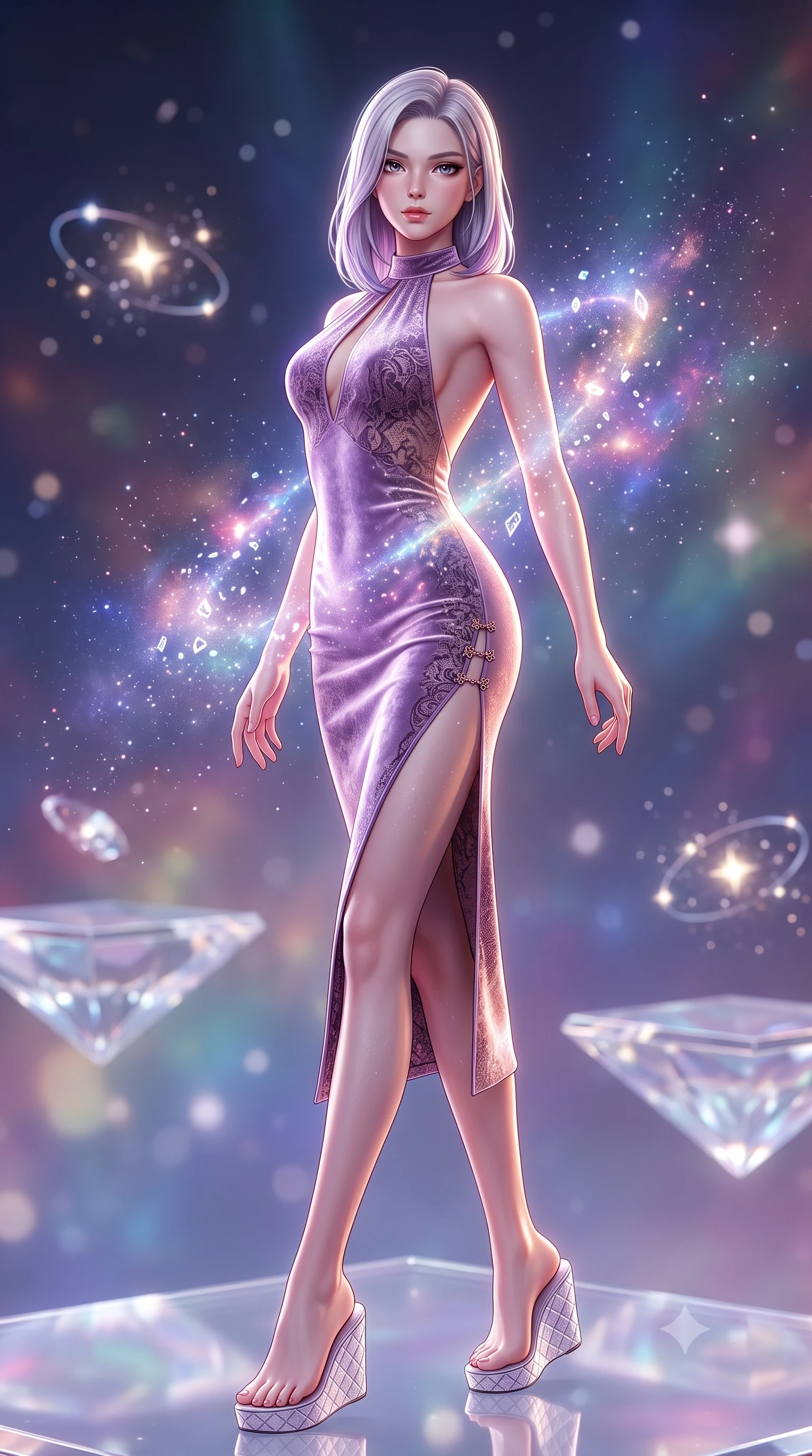 score_9, masterpiece, best quality, ultra-detailed, high-budget anime keyframe, semi-realistic 3D game render, editorial fashion photography, tasteful artistic composition, Caucasian woman. low angle full-body shot from head to toe showing her feet, filling the entire 9:16 vertical frame with her statuesque presence, stretching her vertical silhouette. pivoting dynamically in mid-motion with a breathtakingly alluring posture, displaying her flawless model proportions and ultra-slim waist while arching her spine in a fluid zero-gravity turn as cosmic stardust and diamond reflections outline her sculpted torso. The composition keeps background elements in soft focus with creamy bokeh. diamond-glass platforms and orbiting star clusters softened in smooth cosmic atmospheric focus. She has an absolutely perfect, statuesque 8.5-heads proportion, an exceptionally tall and slender model-like female figure with impossibly long slender legs, a toned flat midriff, and an ultra-slim waist. sharp v-shaped jawline, high-bridge nose, intricate jewel-like eyes with depth, thick eyelashes, glossy lips with a natural sheen, flawlessly proportioned anatomical accuracy, strict slender model proportions, natural body alignment, perfectly sculpted long slender limbs, ultra-slim waistline, clean dynamic posture without body distortion. wearing a velvet halter-neck midi dress fitting her statuesque contour flawlessly with a Tasteful chest slit and open spine in luminous lavender violet and rose gold, crafted from delicate dark lace interwoven with luminescent micro-fibers, finished with an ultra-high side slit secured by miniature magnetic clasps, the form-contouring material adhering flawlessly to her sculpted flat midriff and slender torso, emphasizing her long leg lines and perfectly proportioned willowy build. bathed in radiant starlight brilliance and multi-colored nebula ambient illumination. highly saturated vibrant anime colors, detailed shading with soft gradients, rich glossy textures, high-contrast stereoscopic depth, volumetric dynamic lighting, master piece, 9:16 ratio
