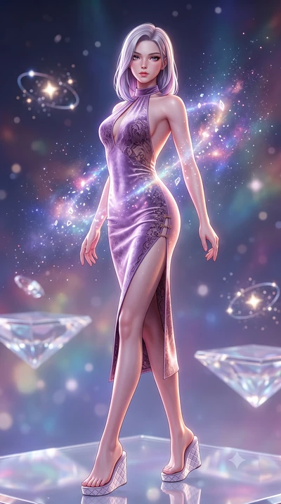 score_9, masterpiece, best quality, ultra-detailed, high-budget anime keyframe, semi-realistic 3D game render, editorial fashion photography, tasteful artistic composition, Caucasian woman. low angle full-body shot from head to toe showing her feet, 