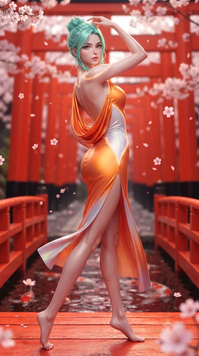 score_9, masterpiece, best quality, ultra-detailed, high-budget anime keyframe, editorial fashion photography, tasteful artistic composition, Japanese woman. low angle full-body shot from head to toe showing her feet, filling the entire 9:16 vertical