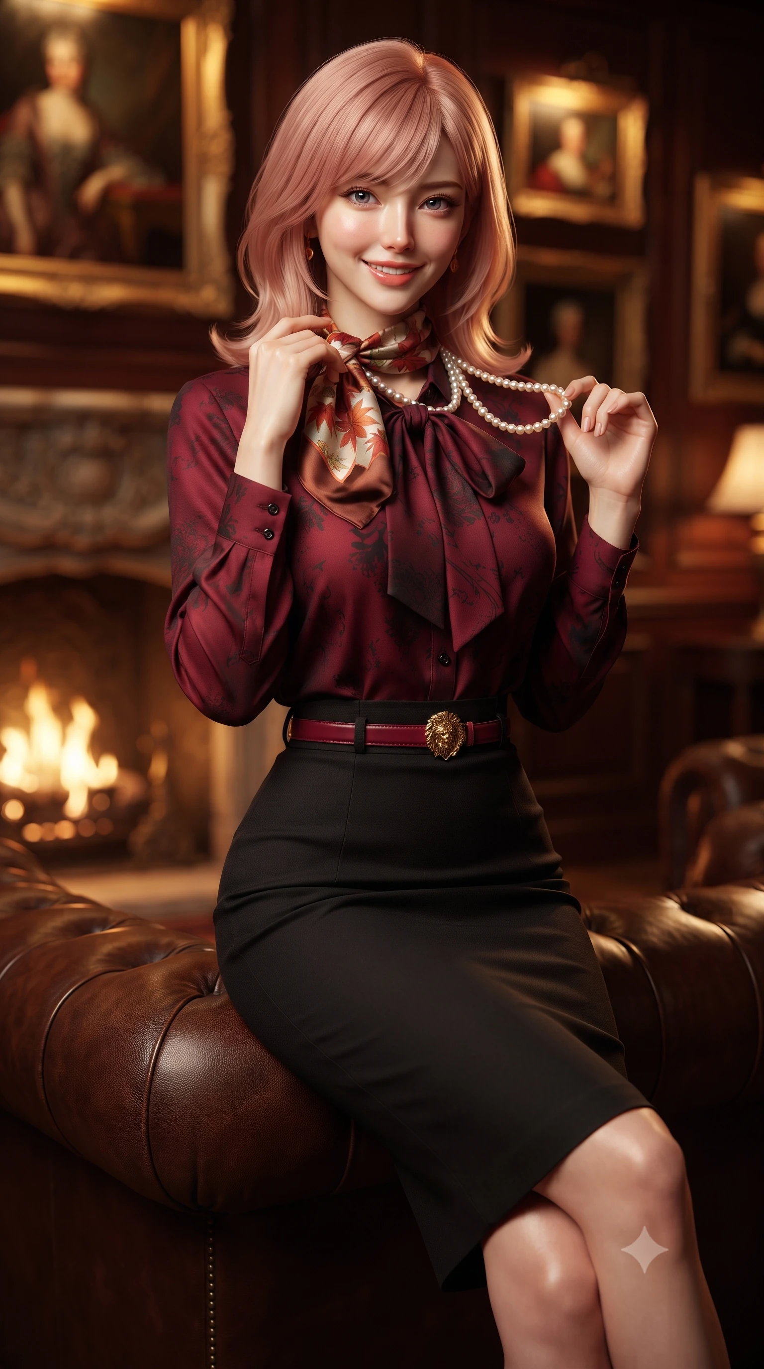 score_9, masterpiece, best quality, ultra-detailed, high-budget anime keyframe, editorial fashion photography, tasteful artistic composition, Japanese woman. close-up cowboy shot from the waist and thighs up, the character dominates the composition, filling the frame with her large presence. touching her silk scarf with delicate fingertips while casting an affectionate, warm glance toward the lens while perched sideways on the arm of the leather sofa, one hand toyed playfully with her pearl necklace as she glances toward the viewer. The background shows a soft-focus flickering golden firelight from ornate hearth, oil paintings in gilded rococo frames, and rich wood wall paneling blurred into mahogany, crimson, and gold bokeh. She has an exceptionally elegant, slender, and willowy female figure with an ultra-slim waist, flat toned midriff, narrow ribcage, and sculpted feminine hips creating an alluring, slim hourglass silhouette without bulk. sharp v-shaped jawline, high-bridge nose, intricate jewel-like sparkling eyes with depth, thick eyelashes, glossy parted lips with a natural peach sheen, bright cheerful beaming smile with an enchanting and coquettish sensual glint, exuding both youthful cute charm and seductive allure, flawlessly proportioned anatomical accuracy, strict slender model proportions, natural body alignment, perfectly sculpted long slender limbs, ultra-slim waistline, clean dynamic posture without body distortion. wearing a fluid silk crepe pussy-bow blouse paired with a high-waisted tailored pencil midi skirt and slim leather belt in Kyoto autumn maple crimson and deep ink black, made of crisp Egyptian cotton poplin with pristine tailored pressing, accented with an ornate 24k gold lion-embossed crest button along the front closure, the structured cinched belt emphasizing her narrow waistline and gracefully balanced proportions with timeless haute-couture polish. illuminated by dark wood paneling reflection bounce and warm amber rim lights sculpting her cheekbones, waistline, and slender posture. ultra-reflective glossy finish, specular highlights, rich textural contrasts, high-contrast stereoscopic depth, volumetric dynamic lighting, 2k, ultra detail, master piece, 9:16 ratio