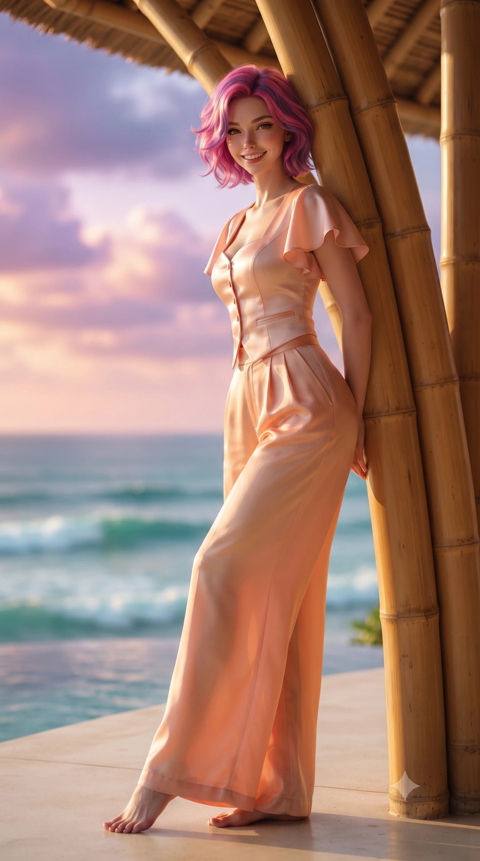 score_9, masterpiece, best quality, ultra-detailed, high-budget anime keyframe, editorial fashion photography, tasteful artistic composition, Caucasian woman. low angle full-body shot from head to toe showing her feet, filling the entire 9:16 vertical frame with her statuesque presence, stretching her vertical silhouette. leaning deep against the sunlit villa archway with hips cocked back in a cute yet unapologetically alluring high-fashion stance, flashing a warm beaming smile while leaning against a massive curved structural bamboo pillar with hips cocked back, casting a captivating, sunlit bedroom-gaze over the ocean. The composition keeps background elements in soft focus with dreamy creamy bokeh. the colossal Indian Ocean horizon with rolling turquoise surf and fiery magenta sunset clouds blurred into violet, amber, and seafoam bokeh. She has an exceptionally tall and slender model-like 8.5-heads proportion, an ultra-slim waist, a flat toned midriff, narrow delicate ribcage, and beautifully sculpted feminine hips creating a graceful, slim hourglass silhouette without any bulky heaviness, with impossibly long slender legs. sharp v-shaped jawline, high-bridge nose, sparkling amber-hazel eyes with depth, long lush eyelashes, glossy sun-kissed lips with a warm coral glaze, radiant teasing smile with sensual sunlit bedroom-eyes, exuding effortless old-money elegance and intoxicating sun-drenched allure, flawlessly proportioned anatomical accuracy, strict slender model proportions, natural body alignment, perfectly sculpted long slender limbs, ultra-slim waistline, clean dynamic posture without body distortion. wearing a tailored satin resort vest worn closed against bare skin with high-waisted silk palazzo pants cinched at her narrow waist in soft peach blossom pink and warm apricot gold, woven from layered gossamer organza with weightless flutter, featuring elegant flutter sleeves and a graceful square neckline, the form-contouring cut accentuating her sculpted flat midriff, narrow delicate ribcage, and gracefully curvy hips with sun-drenched supermodel elegance. illuminated by natural bamboo glow bounce and sharp platinum rim lights defining her razor-sharp jawline, narrow waist, and curvy hips. ultra-reflective glossy finish, specular highlights, rich textural contrasts, high-contrast stereoscopic depth, volumetric dynamic lighting, 2k, ultra detail, master piece, 9:16 ratio