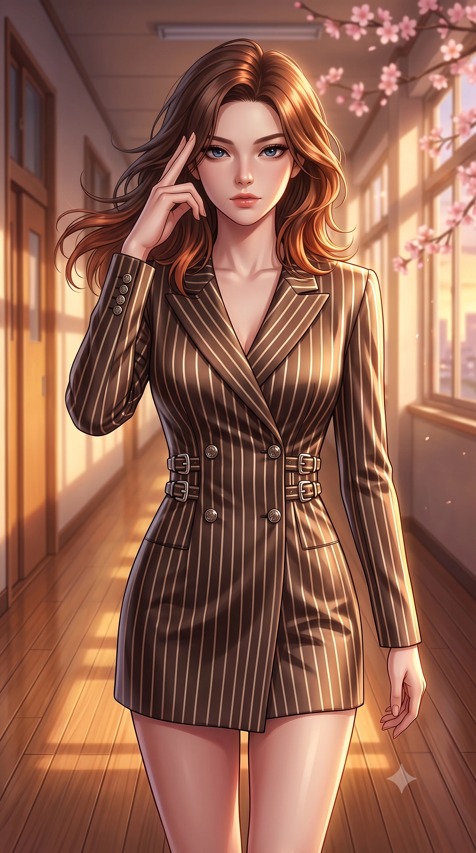 score_9, masterpiece, best quality, ultra-detailed, high-budget anime keyframe, editorial fashion photography, tasteful artistic composition, Korean woman. close-up cowboy shot from the waist and thighs up, the character dominates the composition, filling the frame with her large presence, background elements kept in soft focus. Pressing two fingers to her temple in a composed thoughtful gesture with an air of magnetic charisma walking down a quiet wooden school hallway illuminated by warm golden hour rays, soft evening breeze swaying her long hair gracefully against the skyline. She has an exceptionally elegant, slender, and willowy female figure with an ultra-slim waist, a gracefully sculpted slender torso, and a refined silhouette. sharp v-shaped jawline, high-bridge nose, intricate jewel-like eyes with depth, thick eyelashes, glossy lips with a natural sheen. wearing a double-breasted blazer dress with metallic pin-stripes in espresso brown and warm cream, crafted from lustrous satin jersey with fluid draping, detailed with polished silver buckles along the waistline, the sleek second-skin texture accentuating her magnetic presence. illuminated by soft glowing evening sunbeams filtering through sakura branches. highly saturated vibrant anime colors, detailed shading with soft gradients, rich glossy textures, high-contrast stereoscopic depth, volumetric dynamic lighting, master piece, 9:16 ratio