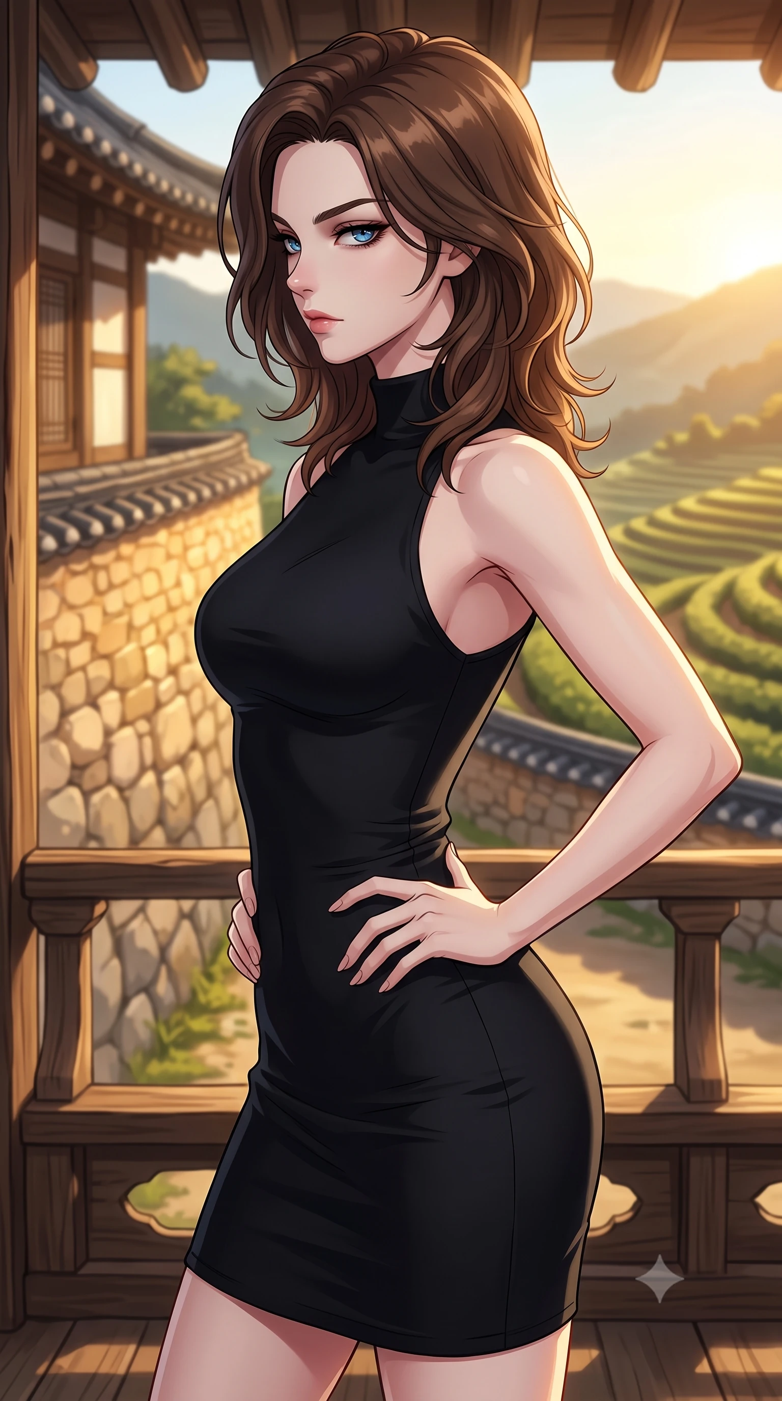 score_9, masterpiece, best quality, ultra-detailed, high-budget anime keyframe, tasteful artistic composition, Korean woman. close-up cowboy shot from the waist and thighs up, the character dominates the composition, filling the frame with her large presence, background elements kept in soft focus. turning her face in sharp profile, casting a cold, mysterious, yet intensely alluring side gaze, the background shows a soft-focus a traditional estate balcony overlooking a valley of terraced tea fields. She has an exceptionally elegant, slender, and willowy female figure with an ultra-slim waist, a gracefully sculpted slender torso, and a refined silhouette. sharp v-shaped jawline, high-bridge nose, intricate jewel-like eyes with depth, thick eyelashes, glossy lips with a natural sheen. wearing a form-contouring form-fitting black bodycon dress in structured crepe fabric with a simple crew neck. late afternoon sun casting a majestic golden glow over the stone walls. highly saturated vibrant anime colors, cel-shading, 2d style, master piece, 9:16 ratio