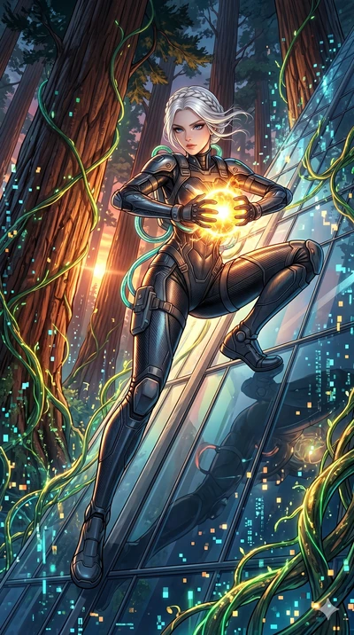 score_9, masterpiece, best quality, ultra-detailed, Set A: High-budget Anime Keyframe, Caucasian (human ears) woman. Low angle cowboy shot filling the entire 9:16 frame with her statuesque presence. Theme: Primal Nature. sliding down a glass skyscrap