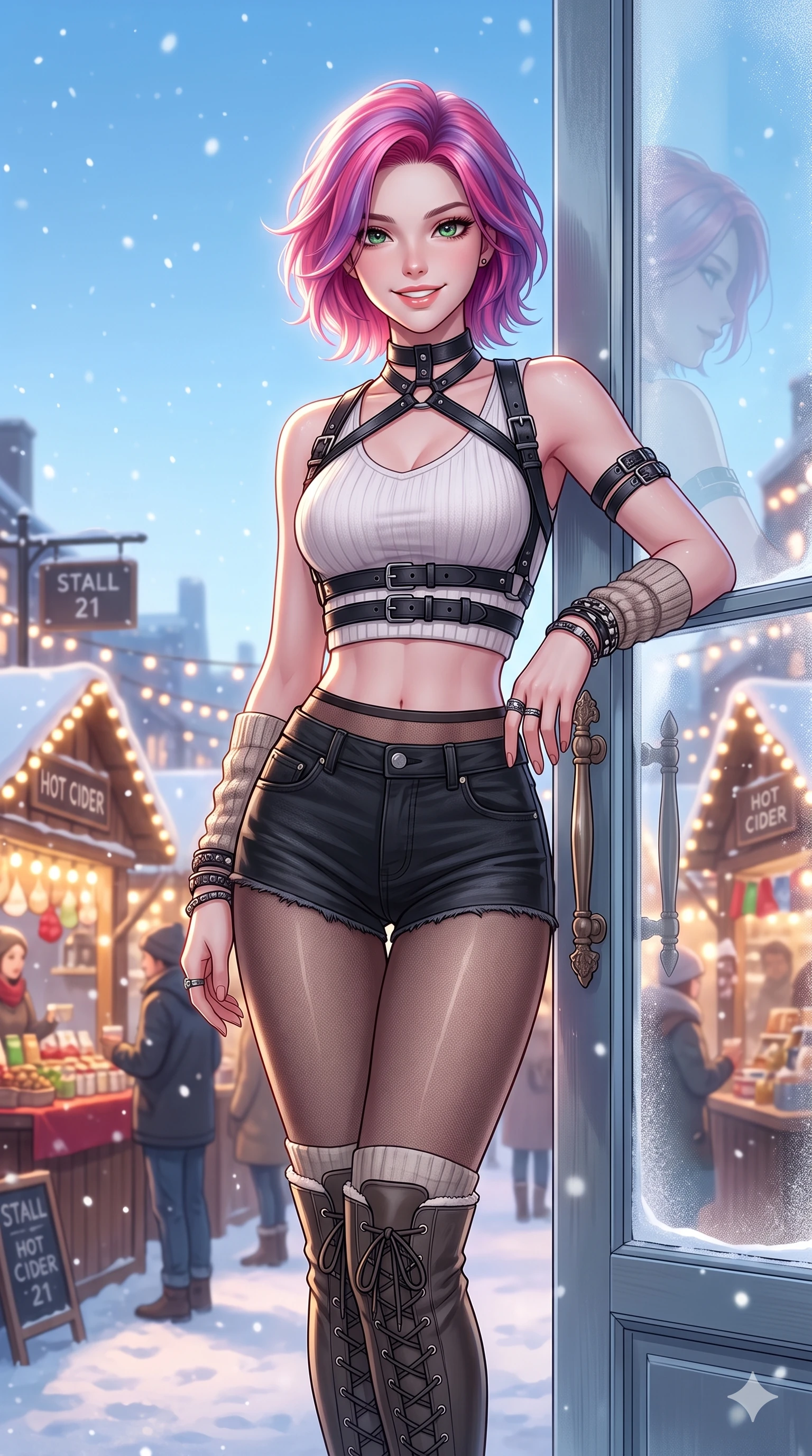 score_9, masterpiece, best quality, ultra-detailed, high-budget anime keyframe, vibrant anime aesthetic, Caucasian woman, strictly human ears. cowboy shot from the thighs up, character and outfit filling the frame for maximum presence. She is leaning against a glass door, looking at the camera with a bright, friendly winter smile by a winter market with glowing light booths (Code-P21-107). She has an absolutely perfect 8-heads proportion, an exceptionally tall and slender female figure with impossibly long slender legs and an ultra-slim waist. V-shaped jawline, high-bridge nose, intricate jewel-like eyes with depth, thick eyelashes, glossy lips with a natural sheen. wearing a harness over a crop top with exposed midriff and micro-shorts in snow. She is soft glowing ambient light from a clear blue winter sky, highlighting her V-shaped jawline. 2k, ultra detail, master piece, 9:16 ratio