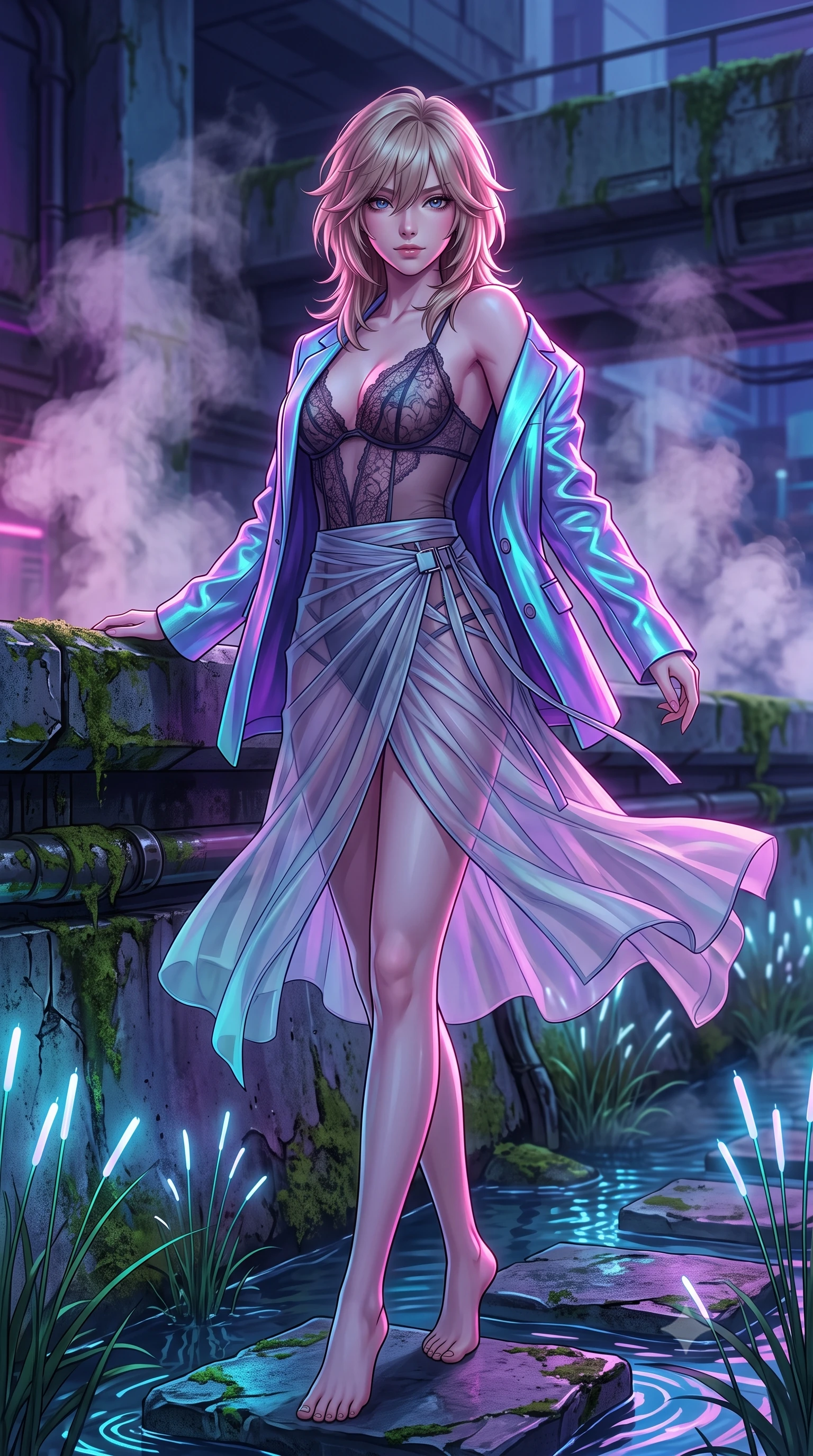 score_9, masterpiece, best quality, ultra-detailed, high-budget anime keyframe, semi-realistic 3D game render, editorial fashion photography, tasteful artistic composition, Japanese woman. low angle full-body shot from head to toe showing her feet, filling the entire 9:16 vertical frame with her statuesque presence, stretching her vertical silhouette. executing a slow, graceful pivot turn as her skirt sways around her slender legs, glancing back with an enchanting, teasing sensual expression while leaning against the moss-covered cybernetic embankment with hips cocked back, looking upstream through rising steam plumes with heavy-lidded bedroom-eyes. The surrounding environment is rendered in vivid detail and crisp panoramic clarity: sharp water ripple reflections on stepping stones, weathered cyber-concrete textures, and fiber-optic reed stems in deep focus. She has an exceptionally tall and slender model-like 8.5-heads proportion, an ultra-slim waist, a flat toned midriff, narrow delicate ribcage, and beautifully sculpted feminine hips creating a graceful, slim hourglass silhouette without any bulky heaviness, with impossibly long slender legs. sharp v-shaped jawline, high-bridge nose, intricate jewel-like sparkling eyes with depth, thick eyelashes, glossy parted lips with a natural peach sheen, bright cheerful beaming smile with an enchanting and coquettish sensual glint, exuding both youthful cute charm and seductive allure, flawlessly proportioned anatomical accuracy, strict slender model proportions, natural body alignment, perfectly sculpted long slender limbs, ultra-slim waistline, clean dynamic posture without body distortion. wearing a delicate sheer French Chantilly lace teddy layered under an open tailored metallic blazer draped over bare shoulders in Cheonggyecheon neon aqua and ultraviolet amethyst, made of sheer gossamer chiffon that drapes softly against skin with airy translucence, finished with sleek magnetic buckle closures fluttering in the breeze, the impeccably tailored cut draping gracefully along her slender figure with aristocratic poise. illuminated by canal water reflection bounce and sharp neon-pink rim lights sculpting her jawline, narrow waist, and curvy hips. highly saturated vibrant anime colors, detailed shading with soft gradients, rich glossy textures, high-contrast stereoscopic depth, volumetric dynamic lighting, master piece, 9:16 ratio