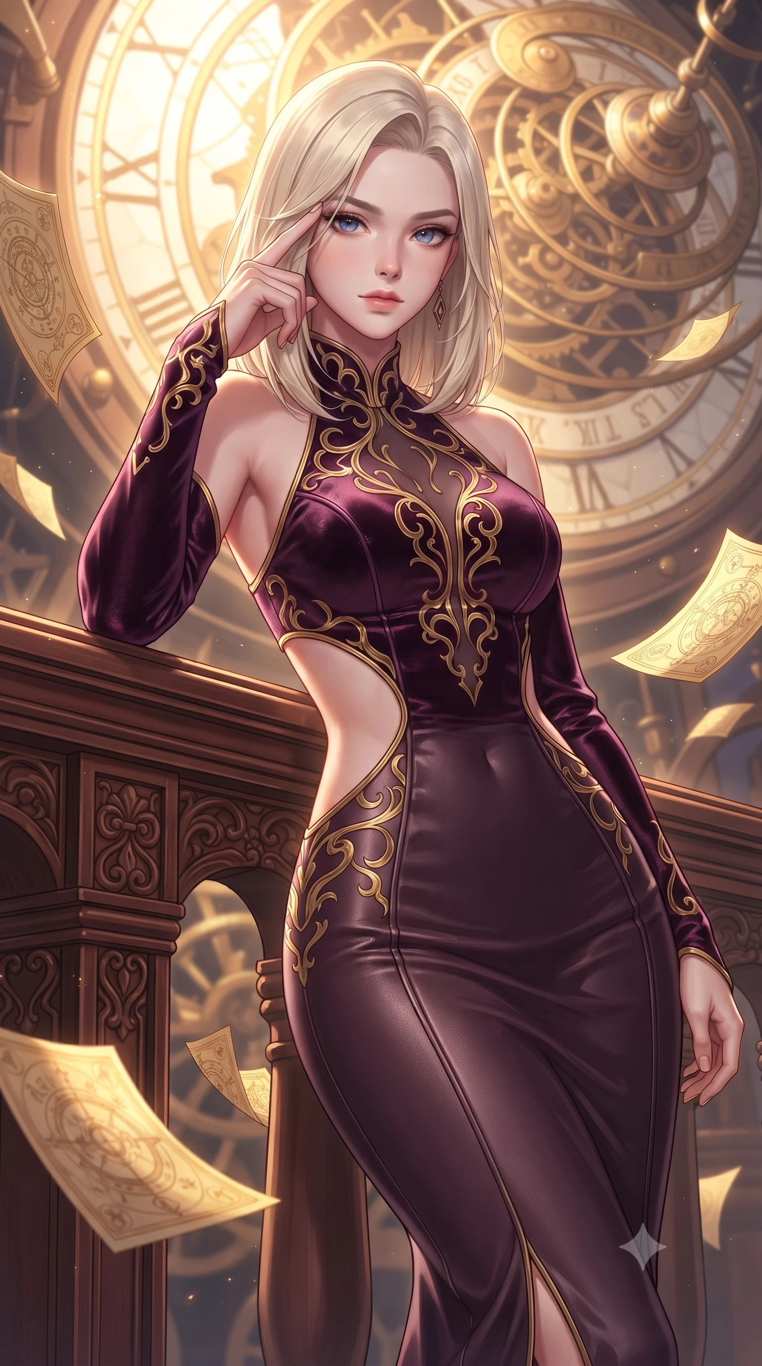 score_9, masterpiece, best quality, ultra-detailed, high-budget anime keyframe, editorial fashion photography, tasteful artistic composition, Caucasian woman. close-up cowboy shot from the waist and thighs up, the character dominates the composition, filling the frame with her large presence, background elements kept in soft focus. Pressing two fingers to her temple in a composed thoughtful gesture with an air of magnetic charisma leaning against a vintage mahogany balustrade inside a mechanical observatory, golden paper pages fluttering gently around her in a magical breeze. She has an exceptionally elegant, slender, and willowy female figure with an ultra-slim waist, a gracefully sculpted slender torso, and a refined silhouette. sharp v-shaped jawline, high-bridge nose, intricate jewel-like eyes with depth, thick eyelashes, glossy lips with a natural sheen. wearing a velvet halter-neck midi dress following her form like a glove in plum purple and gold filigree, made of fine carbon-fiber weave and soft matte leather, featuring clean architectural cutouts along her slender torso, the form-contouring material highlighting her ultra-slim waist and long lines. illuminated by a brilliant golden hour glow filtering through clockwork dials. highly saturated vibrant anime colors, detailed shading with soft gradients, rich glossy textures, high-contrast stereoscopic depth, volumetric dynamic lighting, master piece, 9:16 ratio