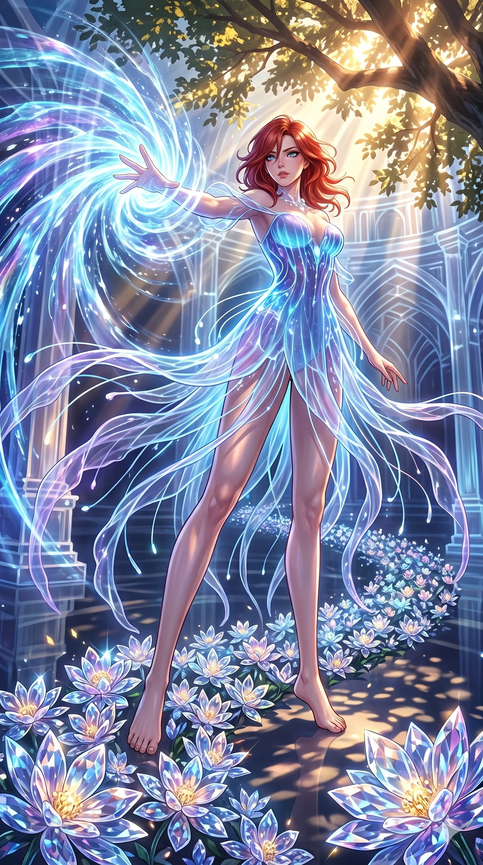 score_9, masterpiece, best quality, ultra-detailed, Set A: High-budget Anime Keyframe, Japanese woman. Low angle cowboy shot filling the entire 9:16 frame with her statuesque presence. Theme: Ethereal Dream. unleashing a massive energy wave in a temple made of solid light, while she leaves a trail of 296 blooming crystal flowers. The atmosphere is filled with cinematic sunlight through leaves. She has an absolutely perfect 8-heads proportion, an exceptionally tall and slender female figure with impossibly long slender legs and an ultra-slim waist. Sharp v-shaped jawline, high-bridge nose, intricate jewel-like eyes with depth, glossy lips. Wearing Bioluminescent jellyfish-inspired dress with long flowing transparent tentacles. Cinematic lighting, vivid colors, dramatic shadows, 2k, ultra detail, master piece, 9:16 ratio