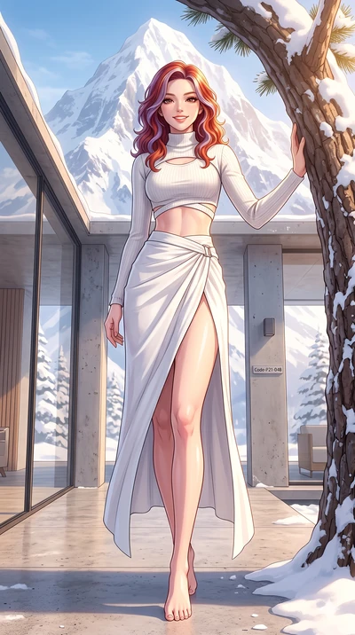 score_9, masterpiece, best quality, ultra-detailed, high-budget anime keyframe, vibrant anime aesthetic, Caucasian woman, strictly human ears. low angle full-body shot from head to toe showing her feet, filling the entire 9:16 vertical frame with her