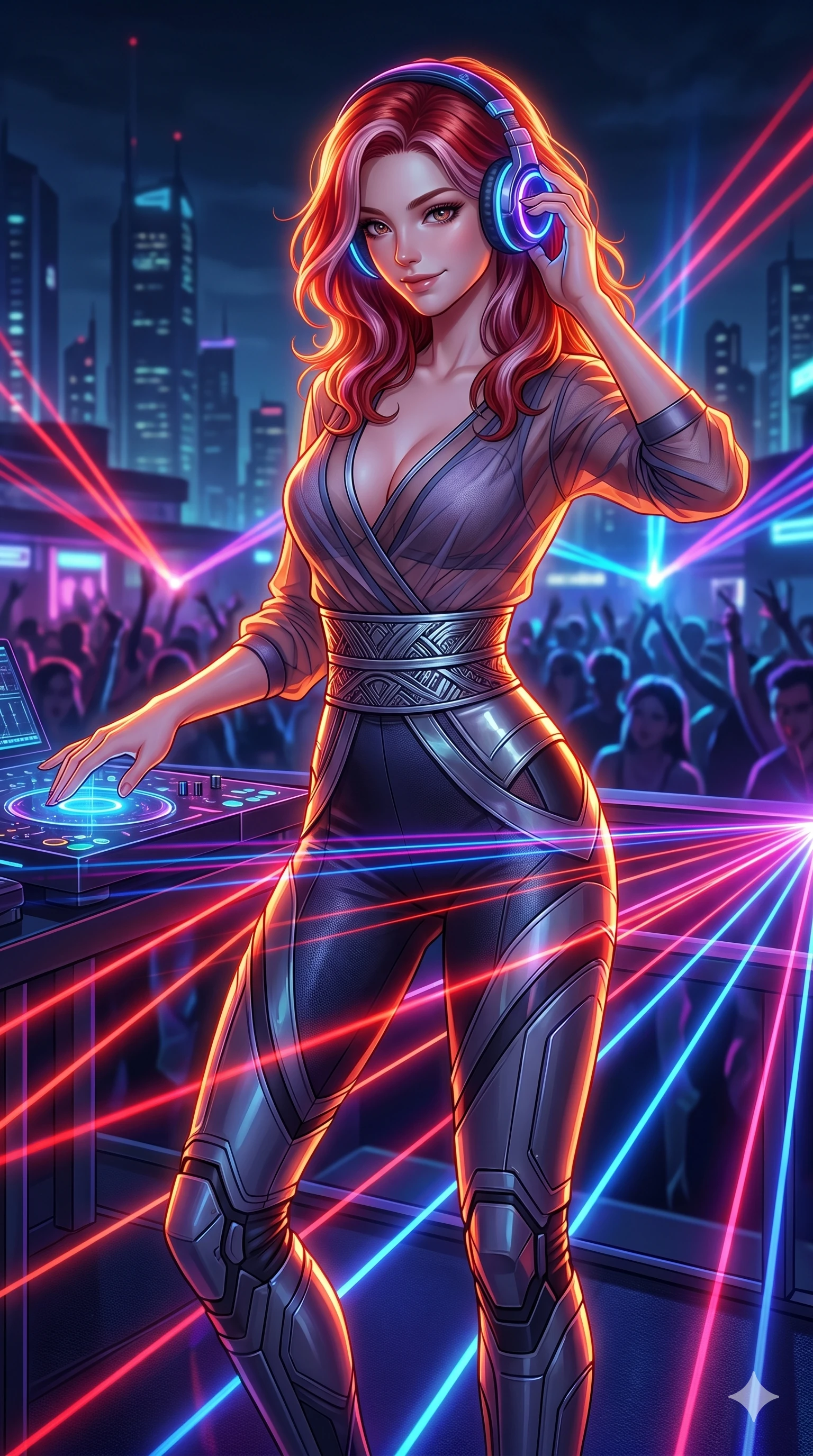 score_9, masterpiece, best quality, ultra-detailed, high-budget anime keyframe, editorial fashion photography, tasteful artistic composition, Caucasian woman, strictly human ears. Upper body close-up from the thighs up, character filling the screen for maximum presence. She is adjusting glowing neon headphones at a futuristic rooftop DJ booth. She sways to the music, glancing down at the crowd below with a confident, mesmerizing smile. She has an absolutely perfect 8-heads proportion, an exceptionally tall and slender female figure with impossibly long slender legs and an ultra-slim waist. V-shaped jawline, high-bridge nose, intricate jewel-like eyes with depth, thick eyelashes, glossy lips with a natural sheen. She is wearing a shortened cyber-fusion wrap top with transparent chiffon panels, a deep crossover neckline, and a high-waisted metallic sash that accentuates her ultra-slim waist. The scene is lit by brilliant neon club laser beams and bright orange key lights tracing her curves. 2k, ultra detail, master piece, 9:16 ratio