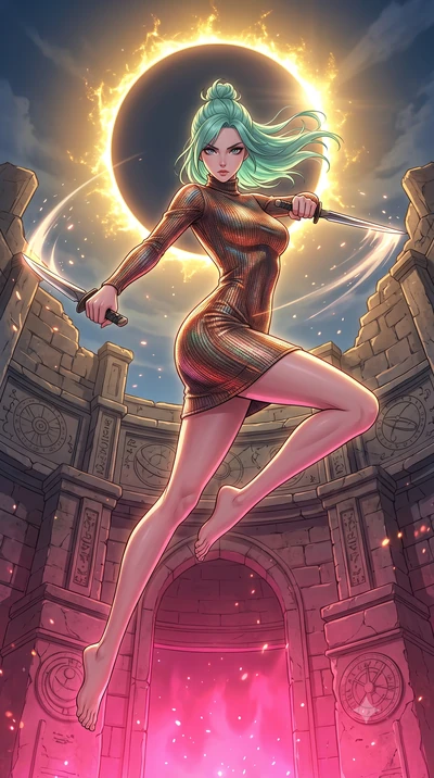 score_9, masterpiece, best quality, ultra-detailed, high-budget anime keyframe, clean line-art, cel-shading, Japanese woman. low angle full-body shot from head to toe showing her feet, filling the entire 9:16 vertical frame with her statuesque presen