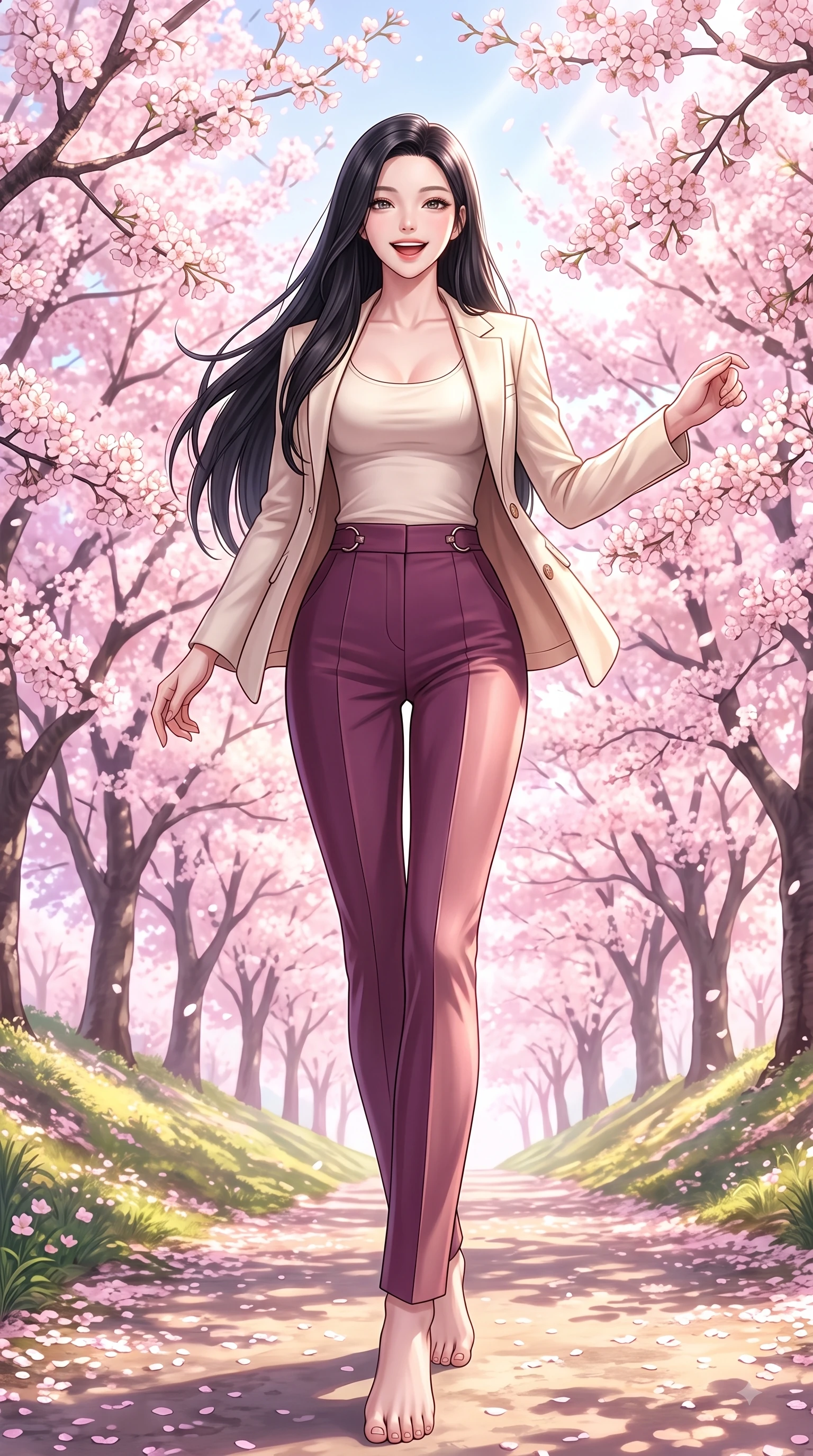 score_9, masterpiece, best quality, ultra-detailed, high-budget anime keyframe, editorial fashion photography, tasteful artistic composition, Korean woman. low angle full-body shot from head to toe showing her feet, filling the entire 9:16 vertical frame with her statuesque presence, stretching her vertical silhouette. performing a cheerful mid-motion turn with flawless poise, her radiant smile capturing fresh girlhood energy while walking up a sunlit hill path lined with blooming cherry trees in full spring bloom. The surrounding environment is rendered in vivid detail and crisp panoramic clarity. vibrant spring sunlight scattering through blooming flower arches with high clarity. She has an absolutely perfect, statuesque 8.5-heads proportion, an exceptionally tall and slender model-like female figure with impossibly long slender legs and an ultra-slim waist. sharp v-shaped jawline, high-bridge nose, intricate jewel-like eyes with depth, thick eyelashes, glossy lips with a natural sheen, flawlessly proportioned anatomical accuracy, natural body alignment, perfectly sculpted elegant limbs, clean dynamic posture without body distortion. wearing a tailored cream silk blazer over a fitted scoop-neck camisole and slacks in rich plum purple and rose gold, tailored from fine wool crepe with clean lines, accented with subtle metallic ring hardware framing her waist, the tailored fabric tightly following every curve of her athletic build. illuminated by soft glowing pink ambient light and clear sky refractions. highly saturated vibrant anime colors, detailed shading with soft gradients, rich glossy textures, high-contrast stereoscopic depth, volumetric dynamic lighting, master piece, 9:16 ratio