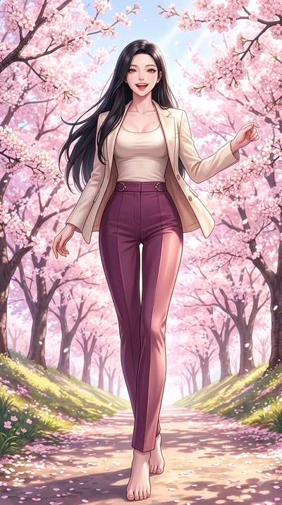 score_9, masterpiece, best quality, ultra-detailed, high-budget anime keyframe, editorial fashion photography, tasteful artistic composition, Korean woman. low angle full-body shot from head to toe showing her feet, filling the entire 9:16 vertical f