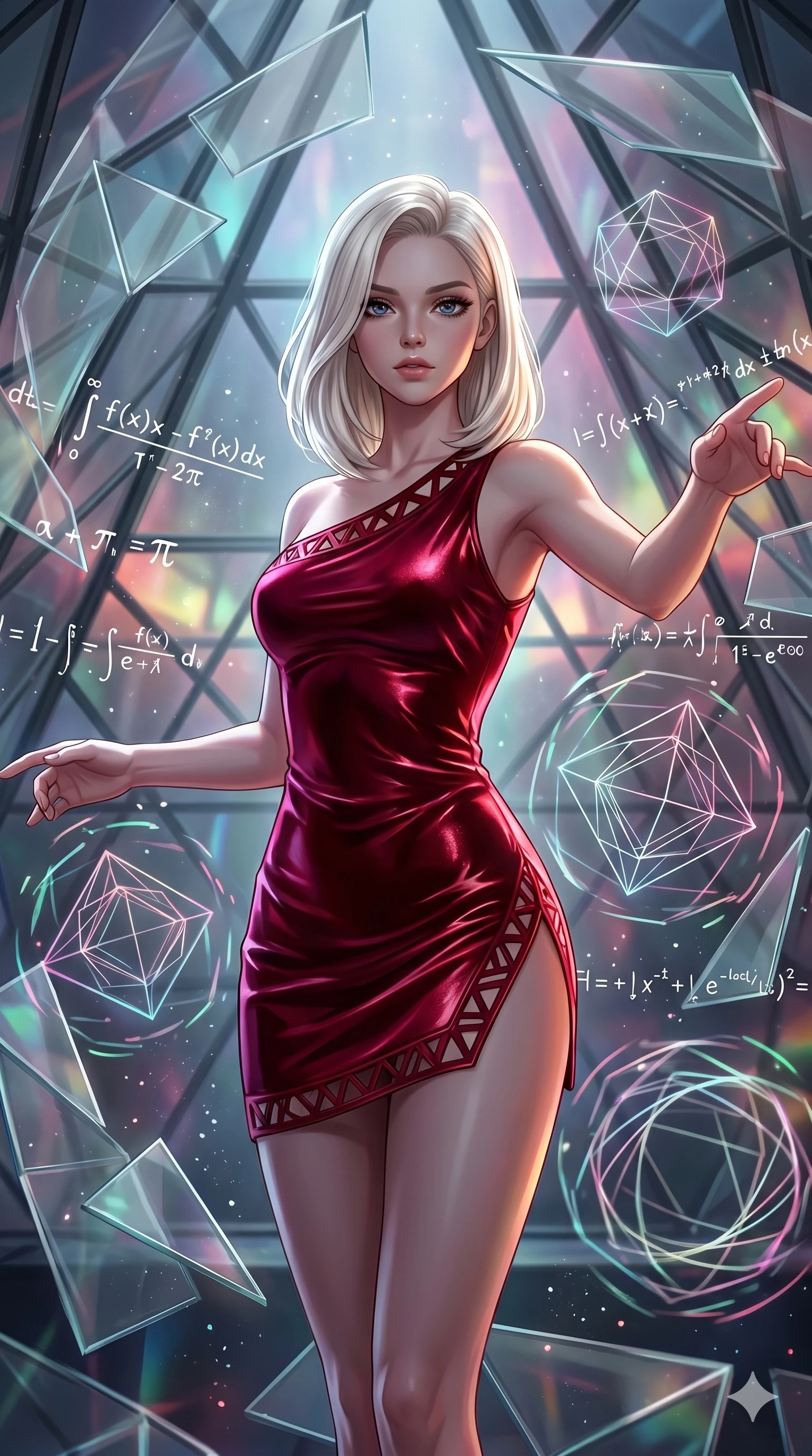 score_9, masterpiece, best quality, ultra-detailed, high-budget anime keyframe, editorial fashion photography, tasteful artistic composition, Caucasian woman, strictly human ears. upper body close-up from the thighs up, character filling the screen for maximum presence. swirling in a vortex of inside a geometric glass pyramid surrounded by floating mathematical equations while floating geometrical wireframes rotate and pulse in synch. She has an absolutely perfect 8-heads proportion, an exceptionally tall and slender female figure with impossibly long slender legs and an ultra-slim waist. V-shaped jawline, high-bridge nose, intricate jewel-like eyes with depth, thick eyelashes, glossy lips with a natural sheen.. wearing an asymmetric liquid velvet slip dress, featuring a wet-look deep crimson red velvet one-shoulder mini slip with asymmetric geometric cutout trim. illuminated by dramatic chiaroscuro casting soft shadows along her curves, with vibrant backlighting highlighting the dust particles. 2k, ultra detail, master piece, 9:16 ratio