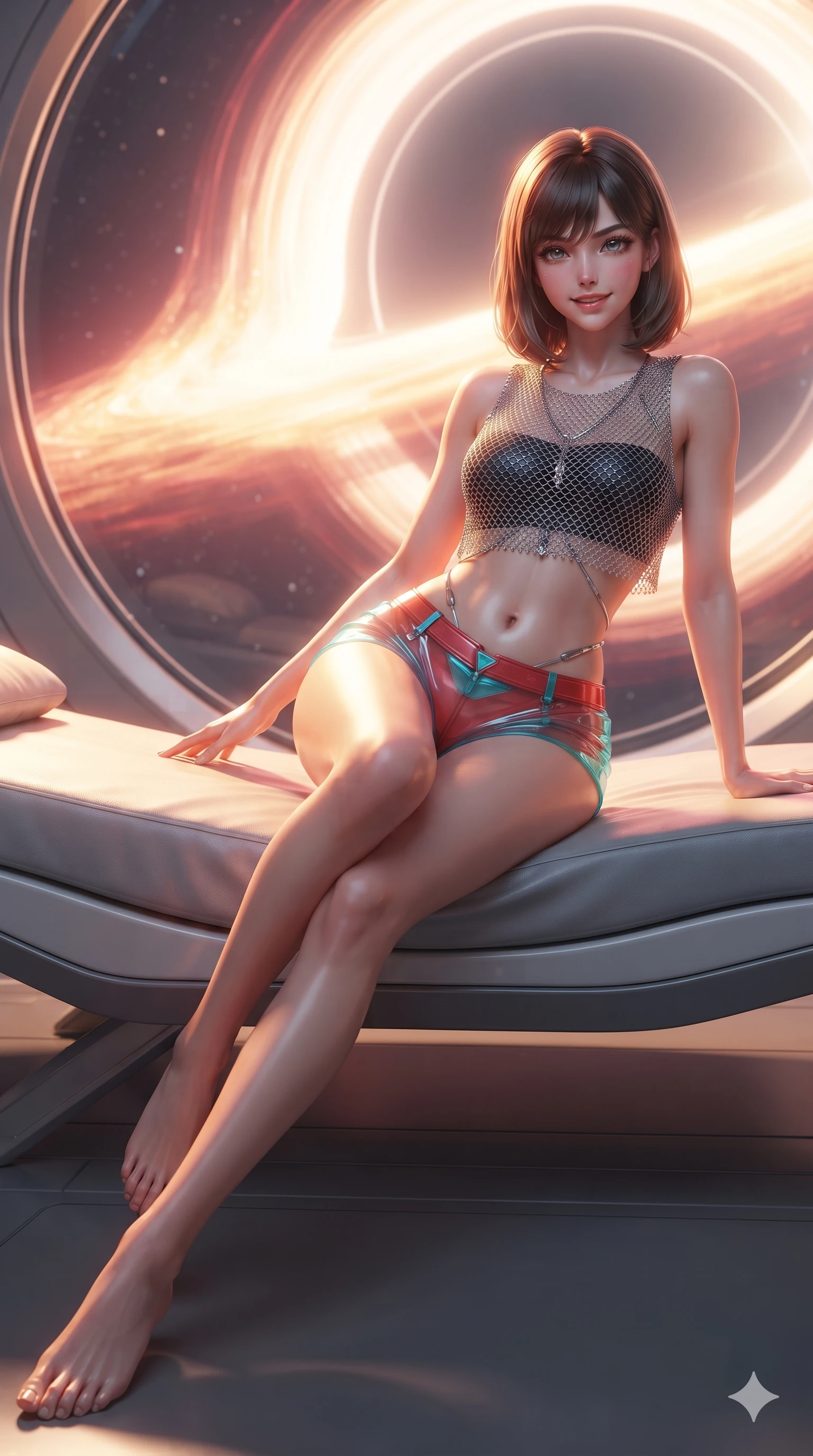 score_9, masterpiece, best quality, ultra-detailed, high-budget anime keyframe, editorial fashion photography, tasteful artistic composition, Caucasian woman. low angle full-body shot from head to toe showing her feet, filling the entire 9:16 vertical frame with her statuesque presence, stretching her vertical silhouette. reclining gracefully across the anti-gravity daybed with one leg extended, her sculpted silhouette and flat midriff radiating magnetic futuristic glamour while lounging poised on the anti-gravity observation seat propped on one elbow with legs extended, displaying her long slender limbs against the curved event horizon. The background shows a soft-focus relativistic Doppler particulate glow softened in deep-space observatory shallow focus. She has an absolutely perfect, statuesque 8.5-heads proportion, an exceptionally tall and slender model-like female figure with impossibly long slender legs, an ultra-slim waist, a flat toned midriff, narrow delicate ribcage, and beautifully sculpted feminine hips creating a graceful, slim hourglass silhouette without any bulky heaviness. sharp v-shaped jawline, high-bridge nose, intricate jewel-like sparkling eyes with depth, thick eyelashes, glossy parted lips with a natural sheen, bright confident smile with an enchanting and coquettish sensual glint, exuding both youthful magnetic charm and sovereign high-tech allure, flawlessly proportioned anatomical accuracy, strict slender model proportions, natural body alignment, perfectly sculpted long slender limbs, ultra-slim waistline, clean dynamic posture without body distortion. wearing a delicate silver chainmail mesh crop top layered over a sculpted matte black bandeau with low-rise combat shorts in cyber-shinto vermilion and laser turquoise, crafted from translucent high-gloss aerospace polymer with an internal crystalline sheen, accented with a chrome-drop body harness subtly framing her dewy collarbones and spine, the liquid-tight tailored fabric clinging flawlessly to her narrow waist and rounded feminine hips, emphasizing every millimeter of her sculpted slim hourglass curves without any bulky heaviness. bathed in intense, blazing golden and crimson relativistic light streaming from the accretion disk through massive transparent viewports. ultra-reflective glossy finish, specular highlights, rich textural contrasts, high-contrast stereoscopic depth, volumetric dynamic lighting, 2k, ultra detail, master piece, 9:16 ratio