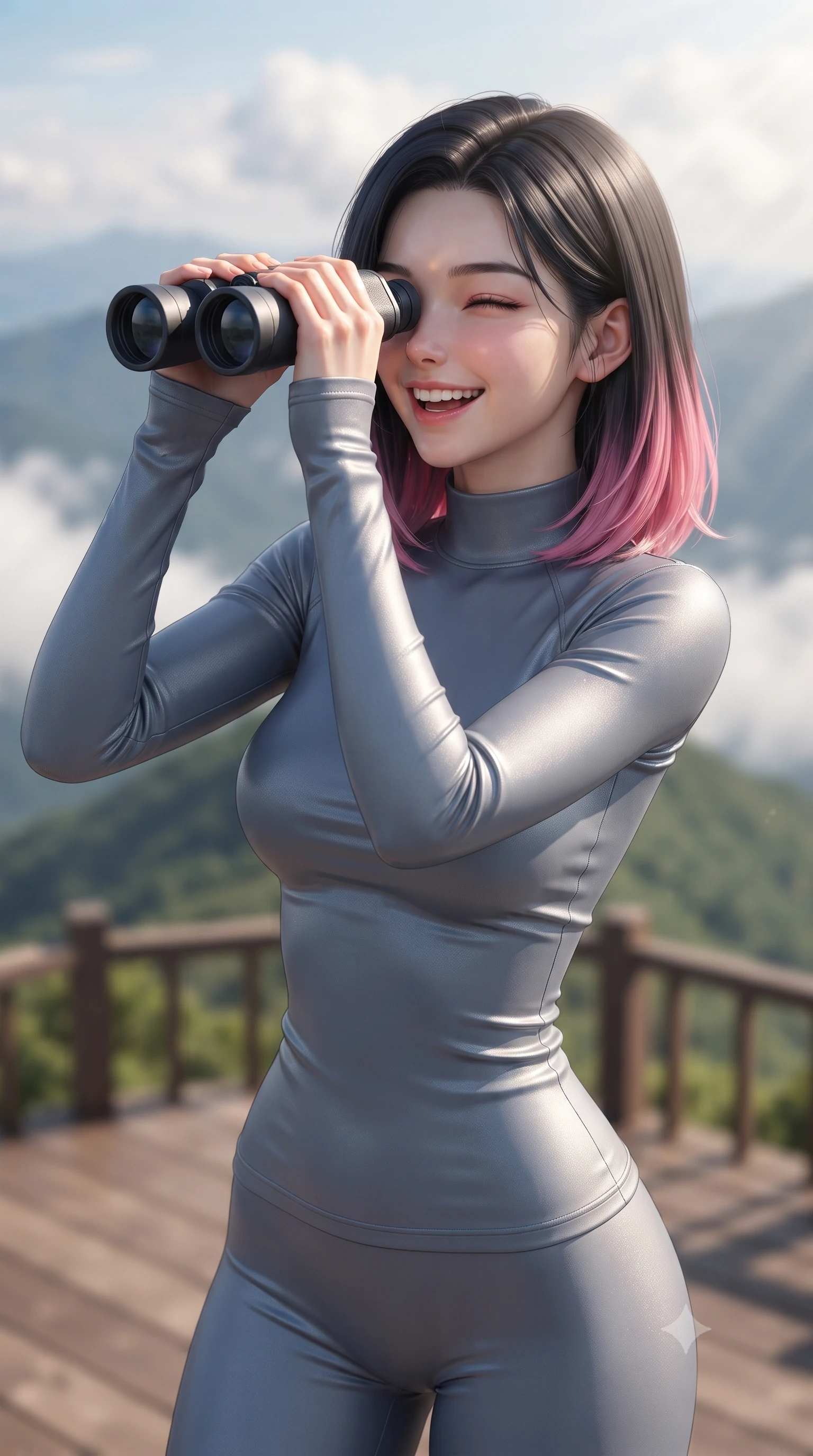 score_9, masterpiece, best quality, ultra-detailed, high-budget anime keyframe, editorial fashion photography, tasteful artistic composition, Korean woman. close-up cowboy shot from the waist and thighs up, the character dominates the composition, filling the frame with her large presence, background elements kept in soft focus. smiling happily with closed eyes, enjoying the warm sunbeams on her face set against a soft-focus background of on a scenic wooden observation deck at the peak of a green mountain looking through a pair of binoculars with a happy, excited expression. She has an exceptionally elegant, slender, and willowy female figure with an ultra-slim waist, a gracefully sculpted slender torso, and a refined silhouette. sharp v-shaped jawline, high-bridge nose, intricate jewel-like eyes with depth, thick eyelashes, glossy lips with a natural sheen. wearing form-contouring form-fitting activewear top in slate grey, outlining her slender torso. soft afternoon sunbeams filtering through passing white mountain clouds. ultra-reflective glossy finish, specular highlights, metallic sheen, high-contrast stereoscopic depth, volumetric dynamic lighting, 2k, ultra detail, master piece, 9:16 ratio