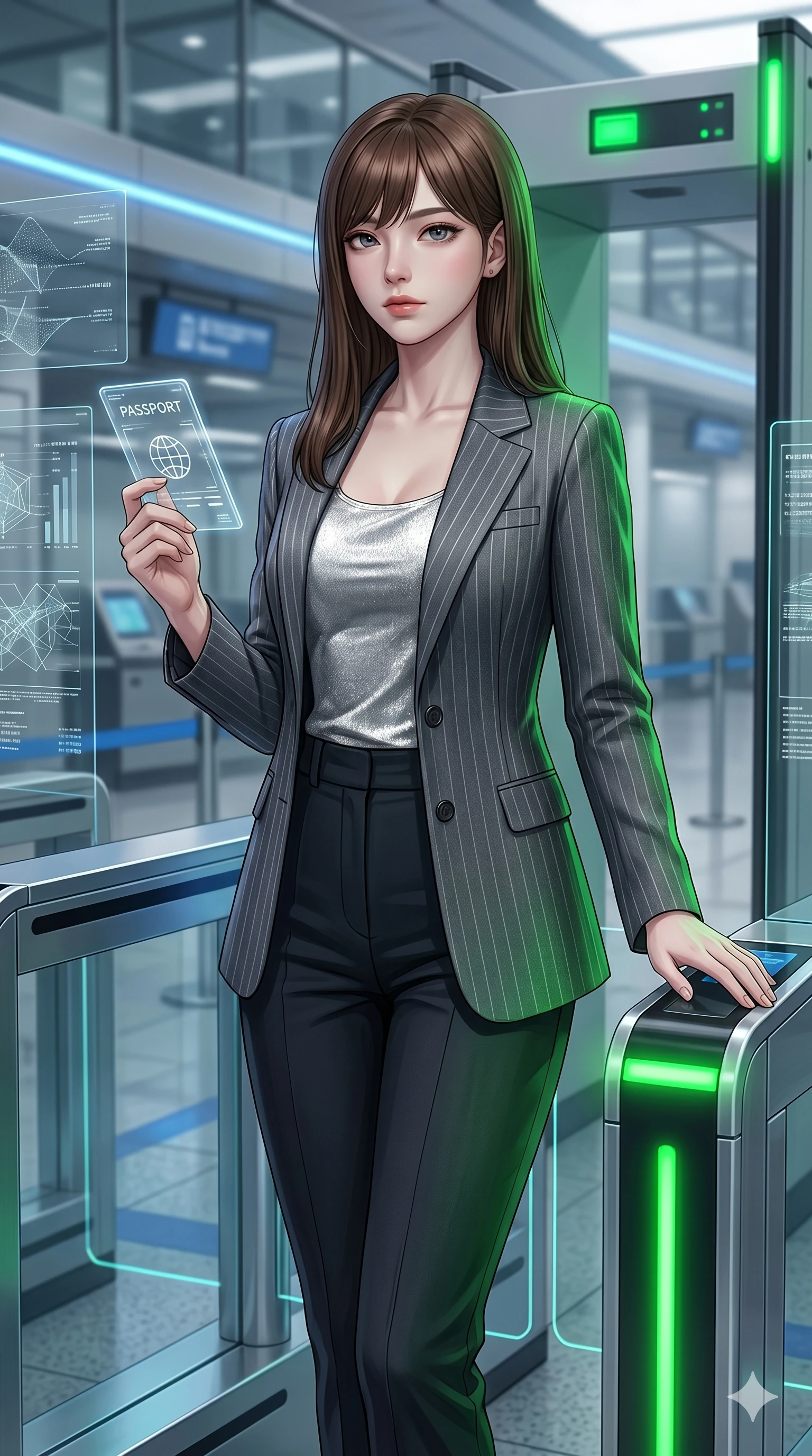 score_9, masterpiece, best quality, ultra-detailed, high-budget anime keyframe, editorial fashion photography, tasteful artistic composition, Korean woman. Upper body close-up from the thighs up, character filling the screen for maximum presence. Standing next to a security checkpoint in a virtual station, holding her digital passport with a calm, patient expression. She is wearing a sharp tailored jacket over a silver top and dark trousers. The scene is lit by green indicator lights and white studio key lights. 2k, ultra detail, master piece, 9:16 ratio