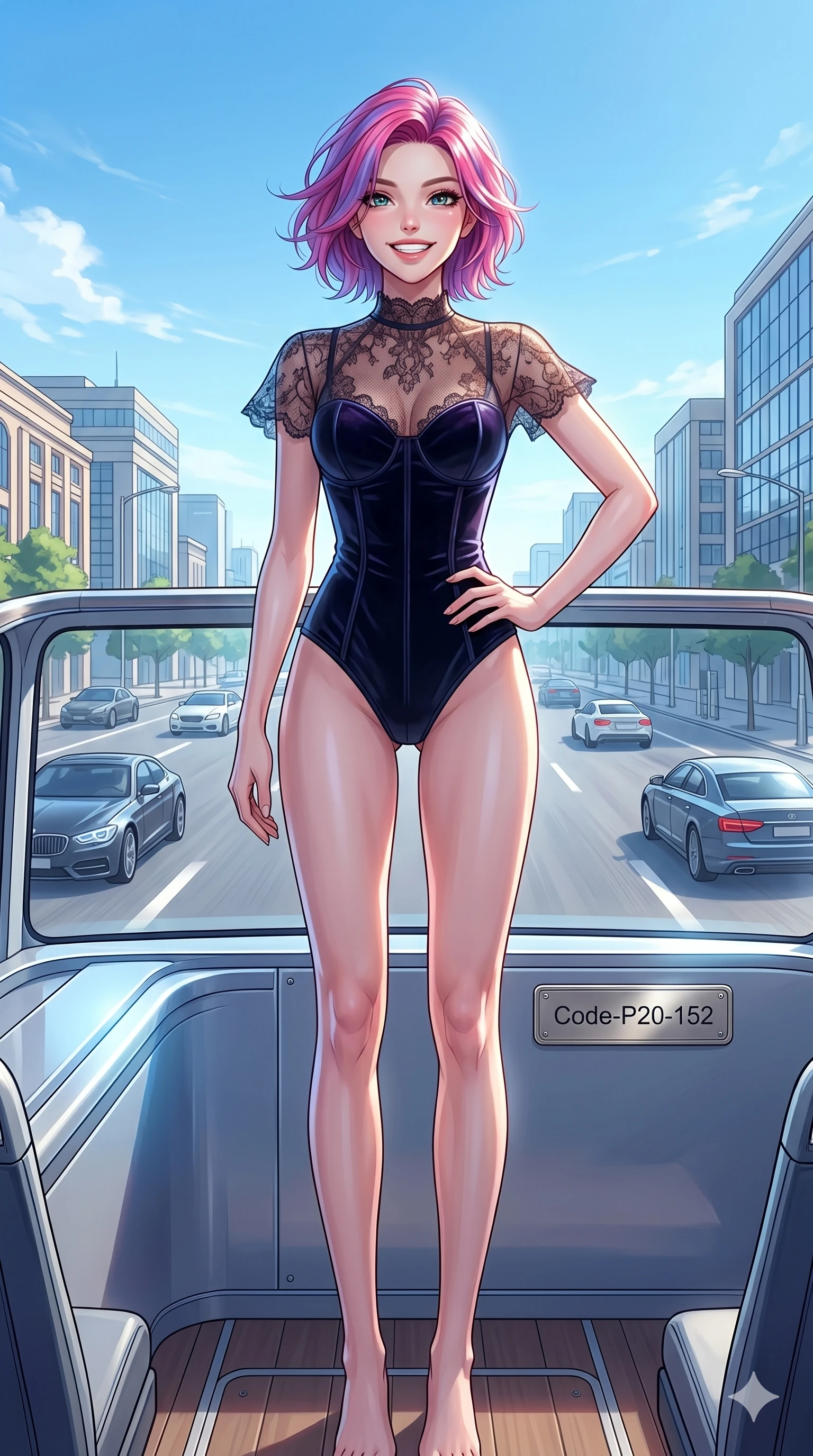 score_9, masterpiece, best quality, ultra-detailed, high-budget anime keyframe, vibrant anime aesthetic, Caucasian woman, strictly human ears. cowboy shot from the thighs up, character and outfit filling the frame for maximum presence. She is posing with a bright grin, one hand on her hip, looking at the lens with joyful eyes on a luxury bus deck cruising the avenue (Code-P20-152). She has an absolutely perfect 8-heads proportion, an exceptionally tall and slender female figure with impossibly long slender legs and an ultra-slim waist. V-shaped jawline, high-bridge nose, intricate jewel-like eyes with depth, thick eyelashes, glossy lips with a natural sheen. wearing a dark velvet corset combined with a sheer lace top. She is cool, bright sky reflections from all sides, outlining her tall slender figure. 2k, ultra detail, master piece, 9:16 ratio