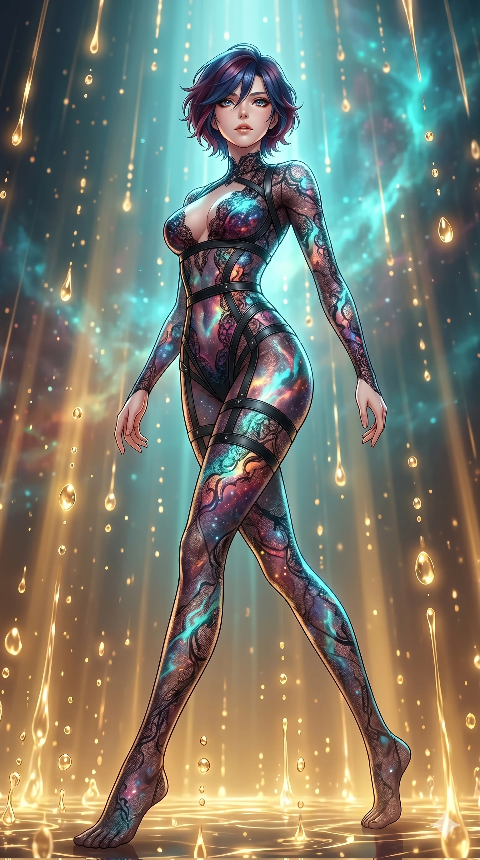 score_9, masterpiece, best quality, ultra-detailed, high-budget anime keyframe, Japanese woman. low angle full-body shot filling the entire 9:16 frame with her statuesque presence, stretching the vertical silhouette. dodging ethereal liquid gold rain that rises upward from the ground in warm shimmering droplets under an inverted gravity field. She has an absolutely perfect 8-heads proportion, an exceptionally tall and slender female figure with impossibly long slender legs and an ultra-slim waist. V-shaped jawline, high-bridge nose, intricate jewel-like eyes with depth, thick eyelashes, glossy lips with a natural sheen.. wearing a gothic nebula lace bodysuit, featuring a semi-opaque sculptural lace bodysuit with cosmic nebula patterns, reinforced by matte leather straps. showcasing a beautiful play of light and shadow, with warm golden rays clashing against cool cyan highlights. 2k, ultra detail, master piece, 9:16 ratio