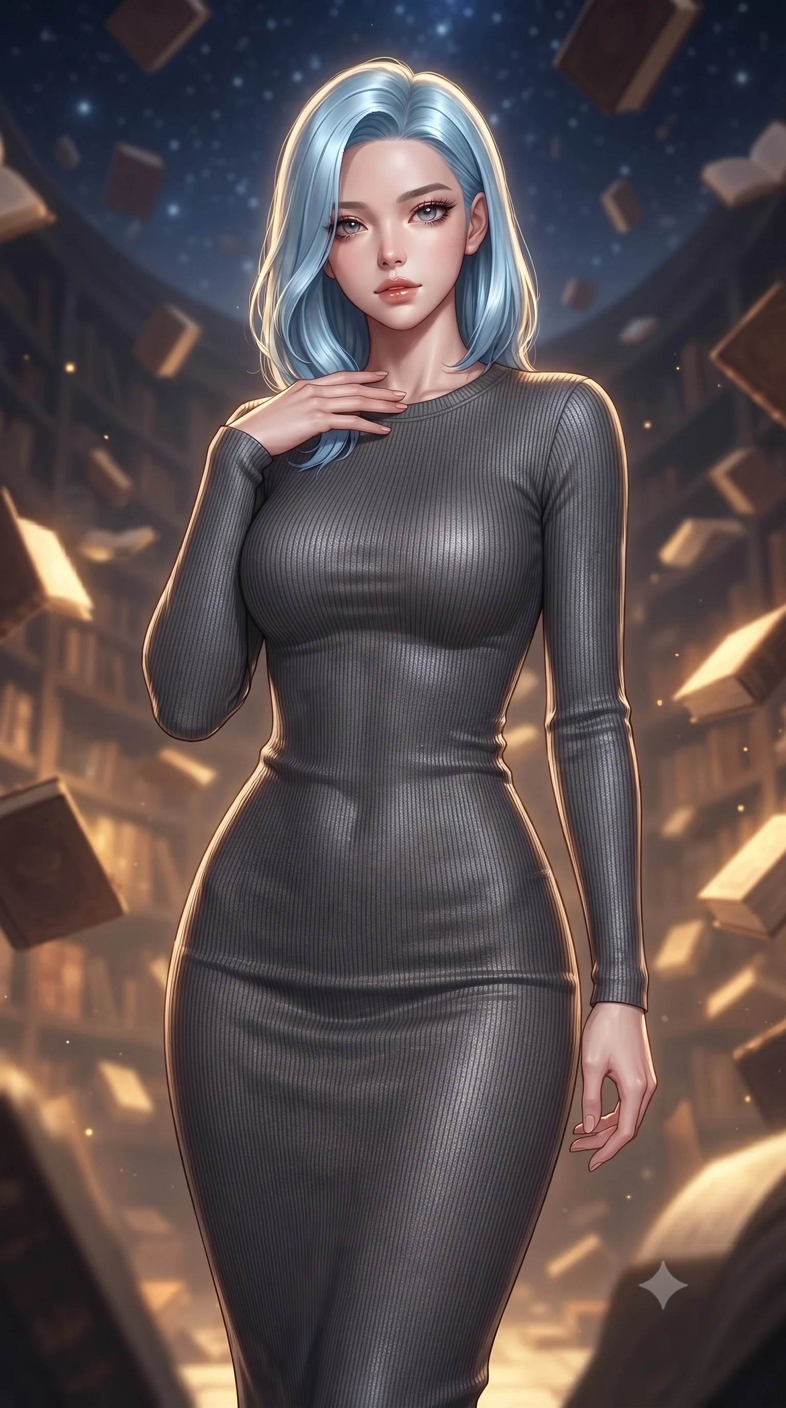 score_9, masterpiece, best quality, ultra-detailed, high-budget anime keyframe, editorial fashion photography, tasteful artistic composition, Korean woman. close-up cowboy shot from the waist and thighs up, the character dominates the composition, filling the frame with her large presence, background elements kept in soft focus. standing with one hand resting on her collarbone, looking at the viewer with bedroom-eyes the background shows a soft-focus a starlight library chamber with glowing leather-bound manuscripts floating mid-air. She has an exceptionally elegant, slender, and willowy female figure with an ultra-slim waist, a gracefully sculpted slender torso, and a refined silhouette. sharp v-shaped jawline, high-bridge nose, intricate jewel-like eyes with depth, thick eyelashes, glossy lips with a natural sheen. wearing a body-hugging form-contouring ribbed bodycon midi dress in charcoal grey with long sleeves. warm golden manuscript glow casting cozy, mysterious lighting. ultra-reflective glossy finish, specular highlights, metallic sheen, high-contrast stereoscopic depth, volumetric dynamic lighting, 2k, ultra detail, master piece, 9:16 ratio