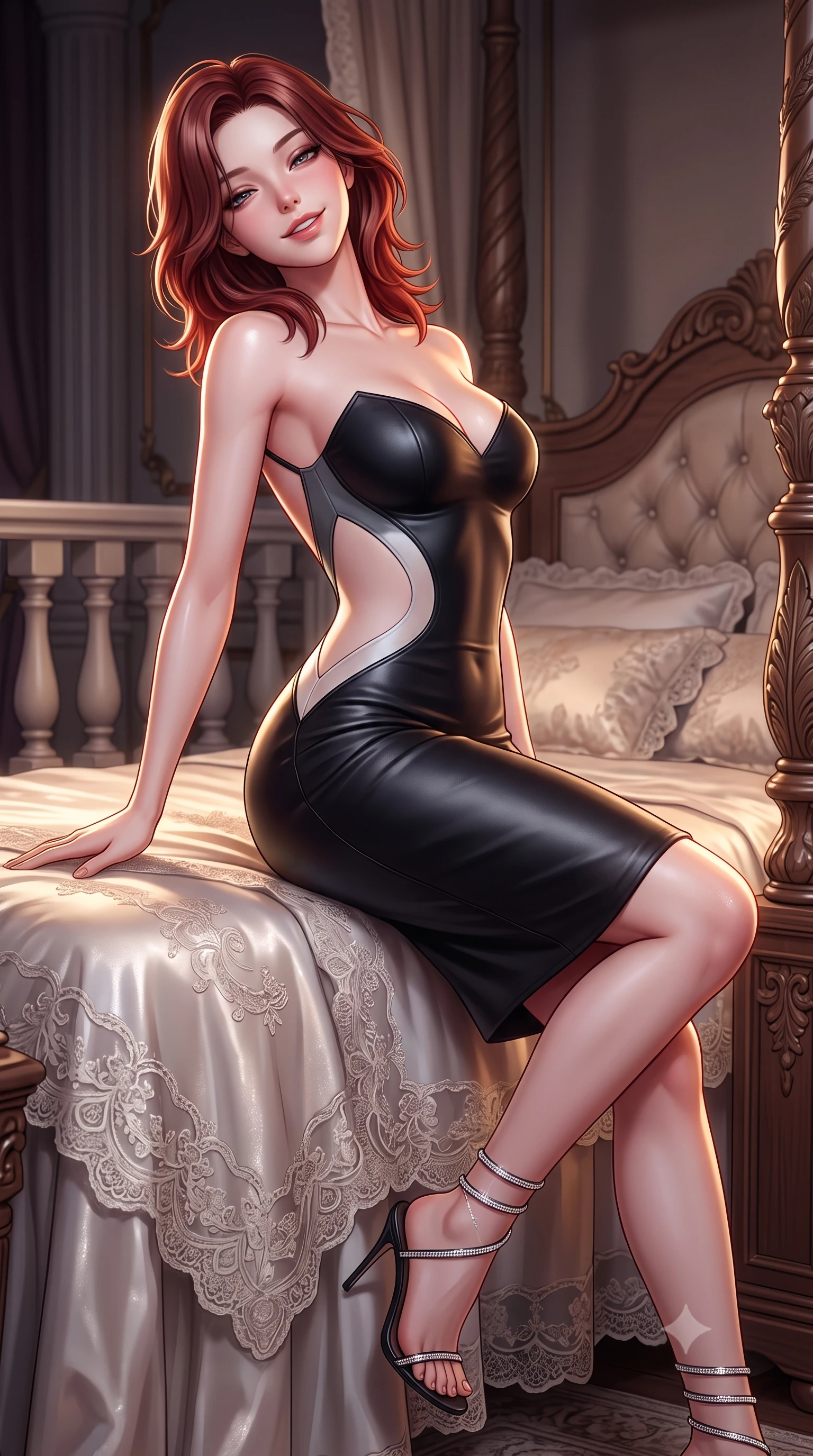 score_9, masterpiece, best quality, ultra-detailed, high-budget anime keyframe, semi-realistic 3D game render, editorial fashion photography, tasteful artistic composition, Korean woman. close-up cowboy shot from the waist and thighs up, the character dominates the composition, filling the frame with her large presence. leaning back against the balustrade with relaxed seductive grace, head tilted back slightly while casting a hypnotic, heavy-lidded gaze while sitting perched on the edge of the antique carved four-poster bed with hips cocked back, looking over her shoulder with an intoxicating smile. The surrounding environment is rendered in vivid detail and crisp panoramic clarity: detailed lace teddy embroidery, dewy skin highlights, and antique vampire bedroom furnishings in high resolution. She has an exceptionally elegant, slender, and willowy female figure with an ultra-slim waist, flat toned midriff, narrow ribcage, and sculpted feminine hips creating an alluring, slim hourglass silhouette without bulk. sharp v-shaped jawline, high-bridge nose, sparkling eyes with hypnotic seductive depth, thick curled eyelashes, glossy parted lips with a natural dewy peach sheen, alluring bedroom-eyes with an enchanting coquettish smile, exuding magnetic siren charisma and sophisticated glamour, flawlessly proportioned anatomical accuracy, strict slender model proportions, natural body alignment, perfectly sculpted long slender limbs, ultra-slim waistline, clean dynamic posture without body distortion. wearing a deep sweetheart-neckline matte-black bodycon dress with sheer side-torso cutouts accentuating her hourglass curves in architectural titanium grey and pure milk white, woven from buttery-soft stretch lambskin leather adhering to her body like a second skin, complemented by strappy stiletto sandals with crystal ankle wraps accentuating her slender calves, the precision-cut side openings and low-back scoop framing her graceful spine and the sensual sweep of her slim, toned hips. illuminated by silk bedding reflection fill and sharp platinum-gold rim lights defining her collarbones, narrow waist, and curvy hips. highly saturated vibrant anime colors, detailed shading with soft gradients, rich glossy textures, high-contrast stereoscopic depth, volumetric dynamic lighting, master piece, 9:16 ratio