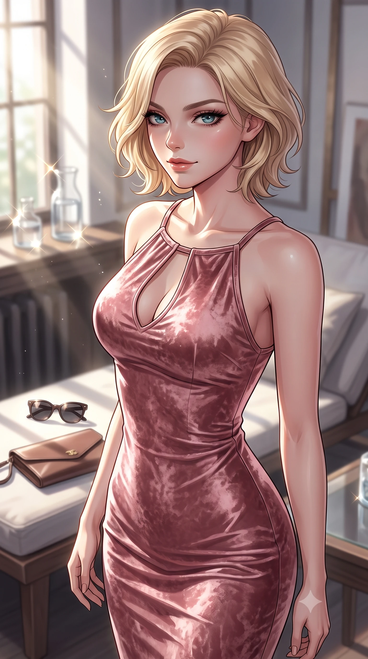 score_9, masterpiece, best quality, ultra-detailed, high-budget anime keyframe, editorial fashion photography, tasteful artistic composition, Caucasian woman. close-up cowboy shot from the waist and thighs up, the character dominates the composition, filling the frame with her large presence, background elements kept in soft focus. glancing sidelong over her shoulder with an intoxicating, lingering stare and a subtle, knowing smile set against a soft-focus background of inside an exclusive art atelier with a pair of designer sunglasses and a sleek leather clutch bag on the lounger. She has an exceptionally elegant, slender, and willowy female figure with an ultra-slim waist, a gracefully sculpted slender torso, and a refined silhouette. sharp v-shaped jawline, high-bridge nose, intricate jewel-like eyes with depth, thick eyelashes, glossy lips with a natural sheen. wearing tailored dusty rose crushed velvet body-hugging knit midi dress with a tasteful keyhole neckline cutout and thin shoulder straps featuring refined tailored seams. lit by crisp morning sun rays creating sparkling glints on polished glass and water. highly saturated vibrant anime colors, detailed shading with soft gradients, rich glossy textures, high-contrast stereoscopic depth, volumetric dynamic lighting, master piece, 9:16 ratio