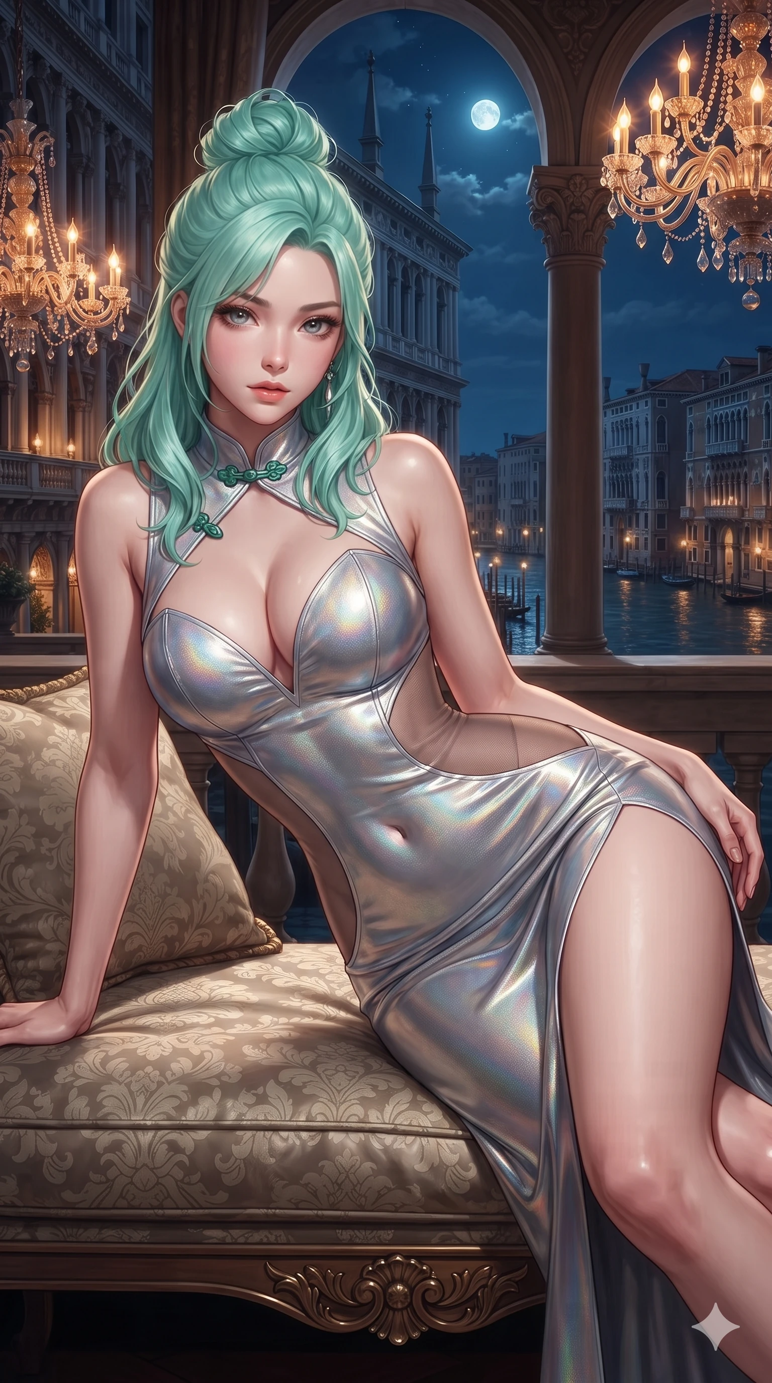 score_9, masterpiece, best quality, ultra-detailed, high-budget anime keyframe, editorial fashion photography, tasteful artistic composition, Japanese woman. close-up cowboy shot from the waist and thighs up, the character dominates the composition, filling the frame with her large presence. leaning forward while arching her lower back to accentuate her curvy hips, looking into the camera with an intoxicating smoldering gaze and bedroom-eyes while reclining gracefully across the damask-cushioned loggia bench propped on one elbow with legs extended, displaying her statuesque silhouette against the grand Venetian night. The surrounding environment is rendered in vivid detail and crisp panoramic clarity: intricate peplum corset tailoring, sheer power-mesh panels, and opulent European palace interiors in razor-sharp precision. She has an exceptionally elegant, slender, and willowy female figure with an ultra-slim waist, flat toned midriff, narrow ribcage, and sculpted feminine hips creating an alluring, slim hourglass silhouette without bulk. sharp v-shaped jawline, high-bridge nose, intricate jewel-like sparkling eyes with depth, thick eyelashes, glossy parted lips with a natural sheen, intensely captivating and seductive bedroom-eyes expression, exuding both youthful cute charm and sovereign luxury allure, flawlessly proportioned anatomical accuracy, strict slender model proportions, natural body alignment, perfectly sculpted long slender limbs, ultra-slim waistline, clean dynamic posture without body distortion. wearing an alluring plunging sweetheart bodice dress with sheer mesh side-waist cutouts contouring her ribs in iridescent mother-of-pearl and liquid molten silver, crafted from luxurious metallic lamé that shifts radiance with every step, finished with sleek jade frog closures glinting along her high collar, the liquid-tight tailored fabric clinging flawlessly to her narrow waist and rounded feminine hips, emphasizing every millimeter of her sculpted slim hourglass curves without any bulky heaviness. bathed in the warm, sparkling amber-crystal brilliance of interior Murano chandeliers contrasting with cool midnight blue moonlight outside. ultra-reflective glossy finish, specular highlights, rich textural contrasts, high-contrast stereoscopic depth, volumetric dynamic lighting, 2k, ultra detail, master piece, 9:16 ratio