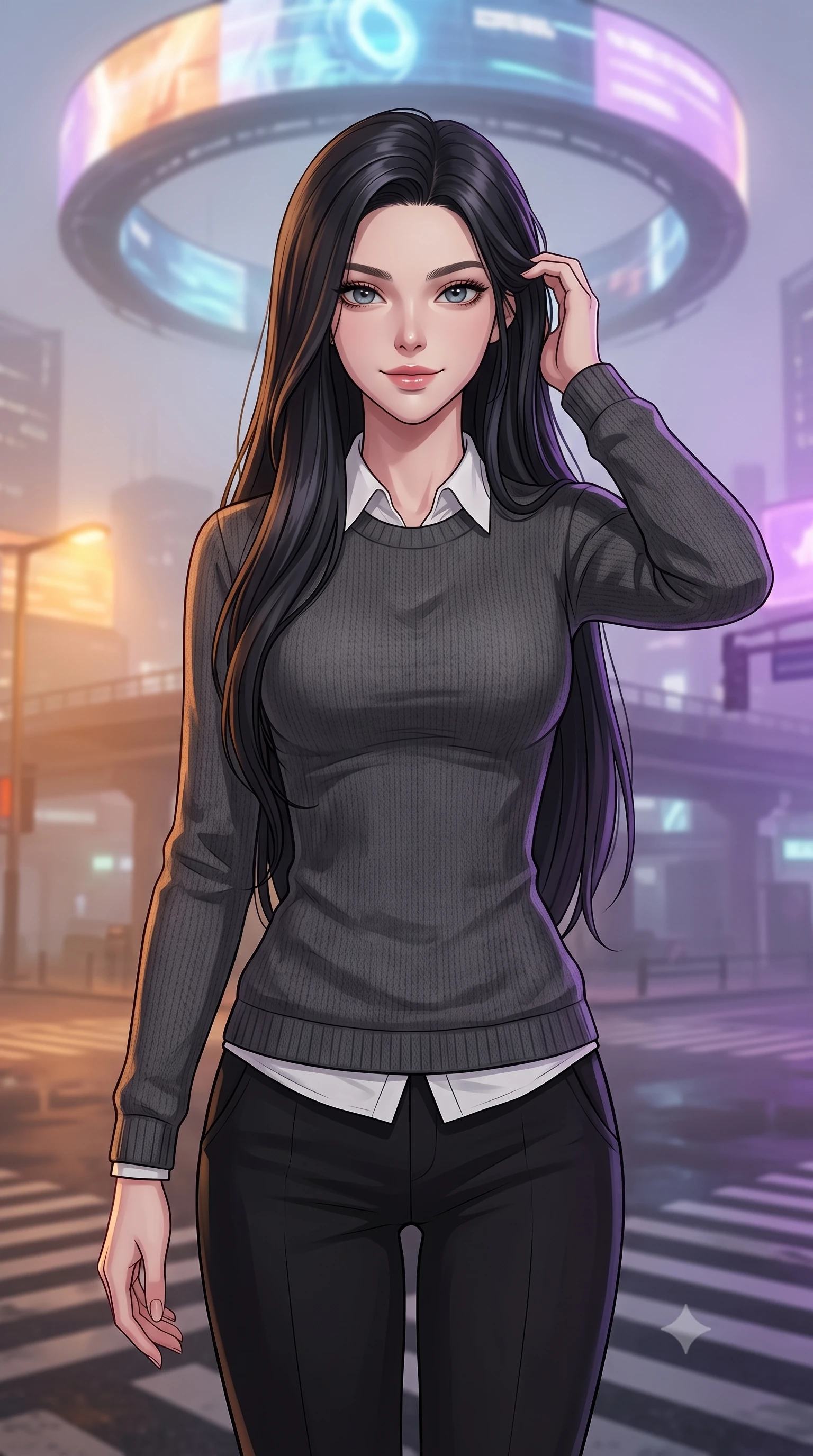 score_9, masterpiece, best quality, ultra-detailed, high-budget anime keyframe, tasteful artistic composition, Korean woman. close-up cowboy shot from the waist and thighs up, the character dominates the composition, filling the frame with her large presence, background elements kept in soft focus. smiling with quiet, magnetic self-assurance directly into the camera, running a hand through her hair the background shows a soft-focus a misty street intersection under a massive spinning hologram ring billboard. She has an exceptionally elegant, slender, and willowy female figure with an ultra-slim waist, a gracefully sculpted slender torso, and a refined silhouette. sharp v-shaped jawline, high-bridge nose, intricate jewel-like eyes with depth, thick eyelashes, glossy lips with a natural sheen. wearing a slim-fit cozy charcoal grey knit sweater over a white collared shirt and black slacks. rotating warm amber and cool purple lighting creating a dynamic color wash. highly saturated vibrant anime colors, cel-shading, 2d style, master piece, 9:16 ratio