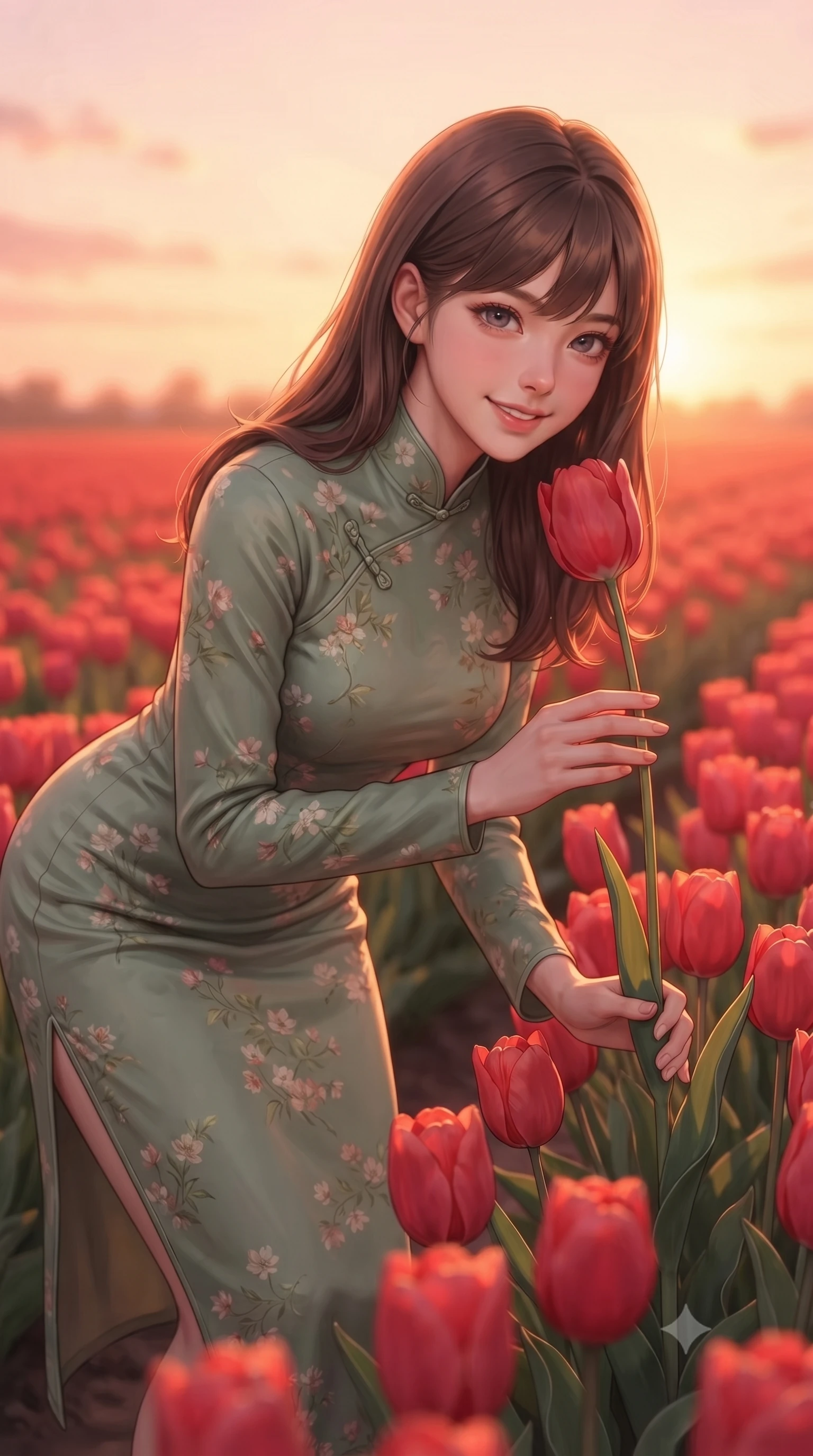 score_9, masterpiece, best quality, ultra-detailed, high-budget anime keyframe, editorial fashion photography, tasteful artistic composition, Korean woman. close-up cowboy shot from the waist and thighs up, the character dominates the composition, filling the frame with her large presence, background elements kept in soft focus. gazing at the camera with a warm, lovely smile and cute, friendly eye contact set against a soft-focus background of in a bright field of red tulips stretching to the horizon bending down to smell a red tulip with a sweet, lovely expression. She has an exceptionally elegant, slender, and willowy female figure with an ultra-slim waist, a gracefully sculpted slender torso, and a refined silhouette. sharp v-shaped jawline, high-bridge nose, intricate jewel-like eyes with depth, thick eyelashes, glossy lips with a natural sheen. wearing slim-fit lovely floral print midi dress in sage green, featuring a high collar and long sleeves. golden hour sunset light casting a warm, romantic orange glow over the field. ultra-reflective glossy finish, specular highlights, metallic sheen, high-contrast stereoscopic depth, volumetric dynamic lighting, 2k, ultra detail, master piece, 9:16 ratio