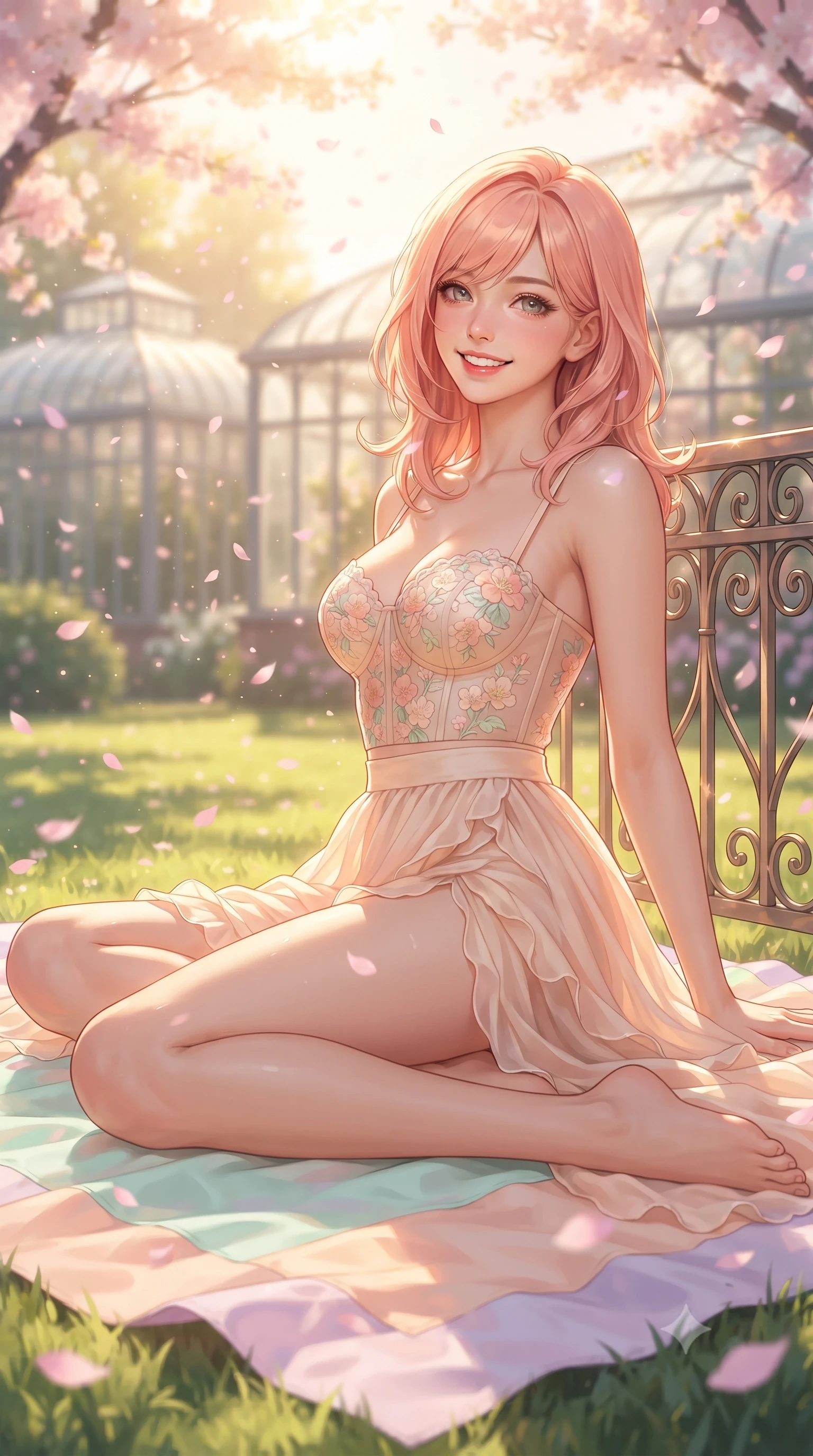 score_9, masterpiece, best quality, ultra-detailed, high-budget anime keyframe, editorial fashion photography, tasteful artistic composition, Japanese woman. close-up cowboy shot from the waist and thighs up, the character dominates the composition, filling the frame with her large presence. leaning back against the sunlit railing with relaxed seductive grace, her flat midriff and narrow waist highlighted as she smiles brightly with bewitching eyes while sitting on a pastel picnic blanket on the sunlit green lawn, arching her back with a bright, delighted smile as pink sakura petals shower around her. The composition keeps background elements in soft focus with dreamy creamy bokeh. modern glass greenhouse pavilions and drifting petals softened in romantic spring shallow focus. She has an exceptionally elegant, slender, and willowy female figure with an ultra-slim waist, flat toned midriff, narrow ribcage, and sculpted feminine hips creating an alluring, slim hourglass silhouette without bulk. sharp v-shaped jawline, high-bridge nose, intricate jewel-like sparkling eyes with depth, thick eyelashes, glossy parted lips with a natural peach sheen, bright cheerful beaming smile with an enchanting and coquettish sensual glint, exuding both youthful cute charm and seductive allure, flawlessly proportioned anatomical accuracy, strict slender model proportions, natural body alignment, perfectly sculpted long slender limbs, ultra-slim waistline, clean dynamic posture without body distortion. wearing a delicate floral embroidery bustier top paired with a flowy high-slit chiffon maxi skirt with a side hip opening in pastel peach blossom pink and warm champagne ivory, woven from layered gossamer organza with weightless flutter, finished with subtle ruffle trims and delicate pearl buttons, the liquid-tight tailored fabric clinging flawlessly to her narrow waist and rounded feminine hips, emphasizing every millimeter of her sculpted slim hourglass curves without any bulky heaviness. bathed in warm, golden spring morning sunlight streaming through flowering tree canopies. ultra-reflective glossy finish, specular highlights, rich textural contrasts, high-contrast stereoscopic depth, volumetric dynamic lighting, 2k, ultra detail, master piece, 9:16 ratio
