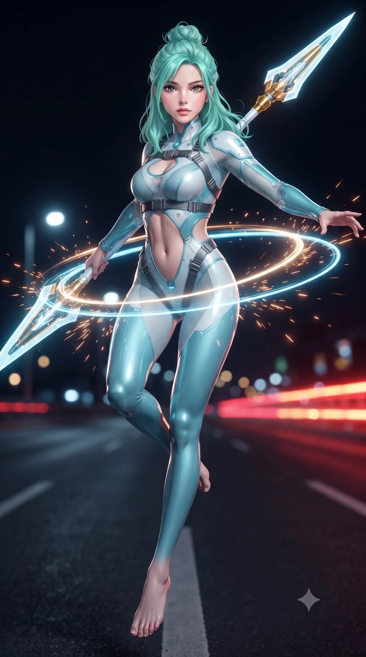 score_9, masterpiece, best quality, ultra-detailed, high-budget anime keyframe, editorial fashion photography, tasteful artistic composition, Japanese woman. low angle full-body shot from head to toe showing her feet, filling the entire 9:16 vertical frame with her statuesque presence, stretching her vertical silhouette. performing an alluring mid-air combat landing with flawless poise, looking directly into the camera with regal, deadly intensity while spinning gracefully in a high-speed combat turn as twin blade energy trails create glowing light rings around her waist. The composition keeps background elements in soft focus with creamy bokeh. sparks from vibro-blades scattering radiant light motes across a dark nocturnal highway backdrop. She has an absolutely perfect, statuesque 8.5-heads proportion, an exceptionally tall and slender model-like female figure with impossibly long slender legs, a toned flat midriff, and an ultra-slim waist. sharp v-shaped jawline, high-bridge nose, intricate jewel-like eyes with depth, thick eyelashes, glossy lips with a natural sheen, flawlessly proportioned anatomical accuracy, strict slender model proportions, natural body alignment, perfectly sculpted long slender limbs, ultra-slim waistline, clean dynamic posture without body distortion. wearing an ultra-sleek glacial-cyan and white carbon-mesh combat bodysuit with frost-resistant plating, holding a glowing high-frequency cryo-energy spear with commanding poise in arctic white carbon composite with radiant solar gold plating, crafted from semi-translucent cybernetic carbon-vinyl interwoven with glowing micro-filaments, reinforced by a sleek titanium tactical harness and glowing micro-energy straps, the precision-cut daring openings accentuating her delicate midriff, graceful bare collarbones, and ultra-slim feminine waistline. bathed in blazing neon crimson and golden traffic trail backlighting with crisp streetlamp fill. ultra-reflective glossy finish, specular highlights, dark metallic sheen, high-contrast stereoscopic depth, volumetric dynamic lighting, 2k, ultra detail, master piece, 9:16 ratio
