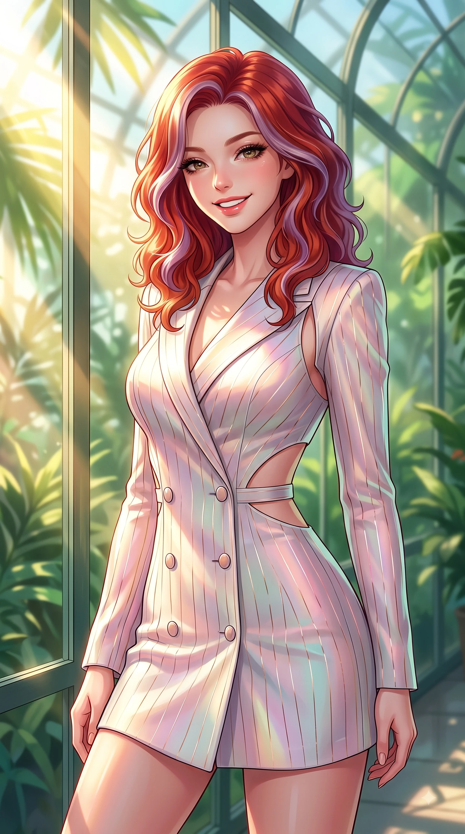 score_9, masterpiece, best quality, ultra-detailed, high-budget anime keyframe, editorial fashion photography, tasteful artistic composition, Caucasian woman. close-up cowboy shot from the waist and thighs up, the character dominates the composition, filling the frame with her large presence, background elements kept in soft focus. Radiant youthful grin reflecting college charm while casting a playful, joyful side-gaze with heavy lashes while resting near a sunlit glass wall as tropical sunbeams highlight her fresh youthful figure, intense volumetric sunbeams penetrating glass dome panes in bright golden rays. She has an exceptionally elegant, slender, and willowy female figure with an ultra-slim waist, a gracefully sculpted slender torso, and a refined silhouette. sharp v-shaped jawline, high-bridge nose, intricate jewel-like eyes with depth, thick eyelashes, glossy lips with a natural sheen, flawlessly proportioned anatomical accuracy, natural body alignment, perfectly sculpted elegant limbs, clean dynamic posture without body distortion. wearing a double-breasted blazer dress with subtle metallic pin-stripes in pearl white and rose gold, crafted from iridescent chiffon that shifts colors in the light, featuring clean architectural cutouts along her slender torso, the form-contouring material highlighting her ultra-slim waist and long lines. bathed in brilliant golden sunlight and fresh green botanical ambient glow. highly saturated vibrant anime colors, detailed shading with soft gradients, rich glossy textures, high-contrast stereoscopic depth, volumetric dynamic lighting, master piece, 9:16 ratio