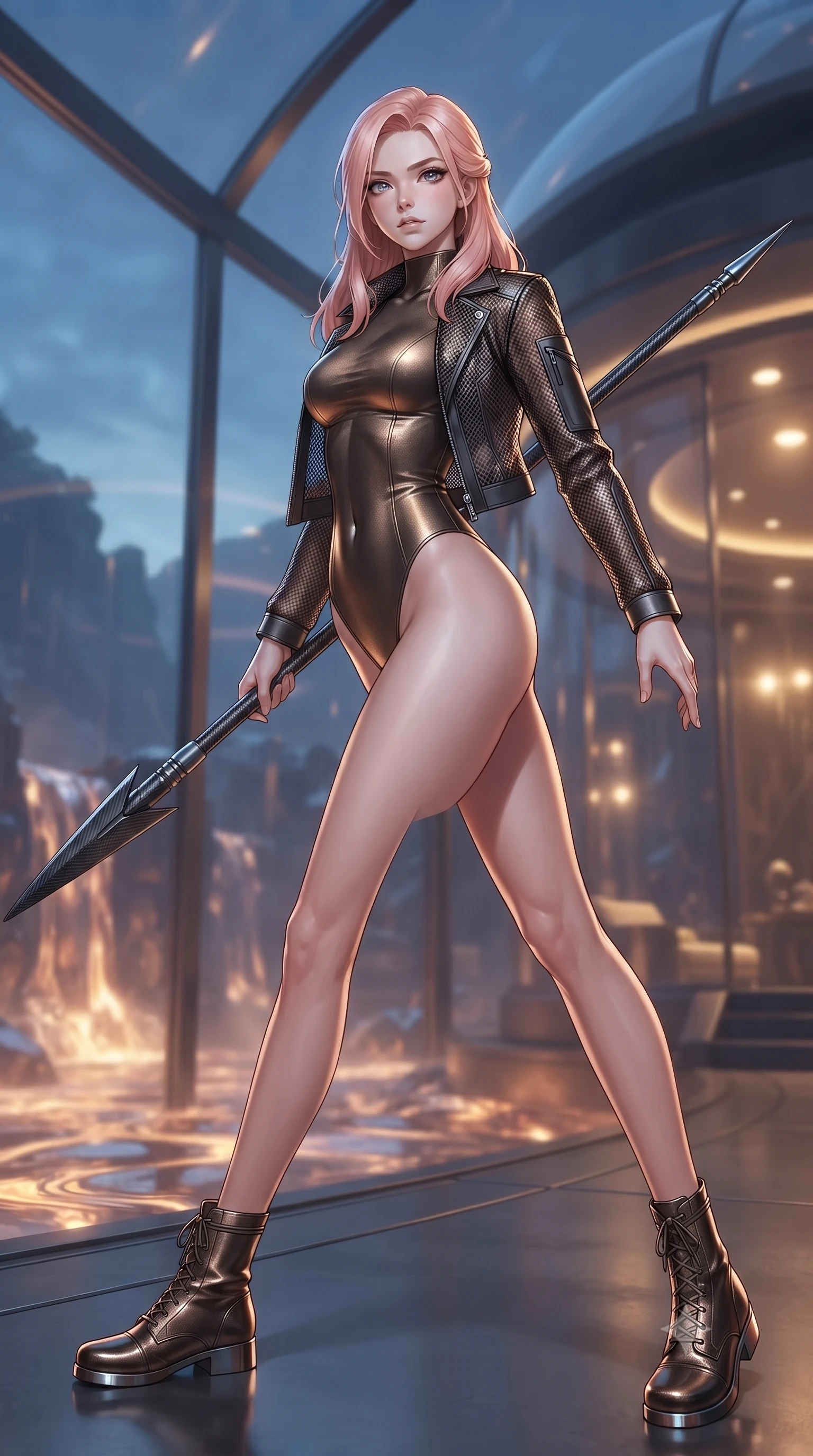 score_9, masterpiece, best quality, ultra-detailed, high-budget anime keyframe, editorial fashion photography, tasteful artistic composition, Japanese woman. low angle full-body shot from head to toe showing her feet, filling the entire 9:16 vertical frame with her statuesque presence, stretching her vertical silhouette. standing in a dynamic combat stance with a carbon-fiber spear held diagonally, stretching her statuesque body, the background shows a soft-focus an undersea dome veranda overlooking a canyon of liquid metal in twilight. She has an absolutely perfect, statuesque 8.5-heads proportion, an exceptionally tall and slender model-like female figure with impossibly long slender legs and an ultra-slim waist. sharp v-shaped jawline, high-bridge nose, intricate jewel-like eyes with depth, thick eyelashes, glossy lips with a natural sheen. wearing a tailored form-fitting high-neck bodysuit in dark bronze, worn under a tailored open carbon-mesh tactical jacket. cool blue twilight sky contrasting with warm interior light from the dome. ultra-reflective glossy finish, specular highlights, metallic sheen, high-contrast stereoscopic depth, volumetric dynamic lighting, 2k, ultra detail, master piece, 9:16 ratio