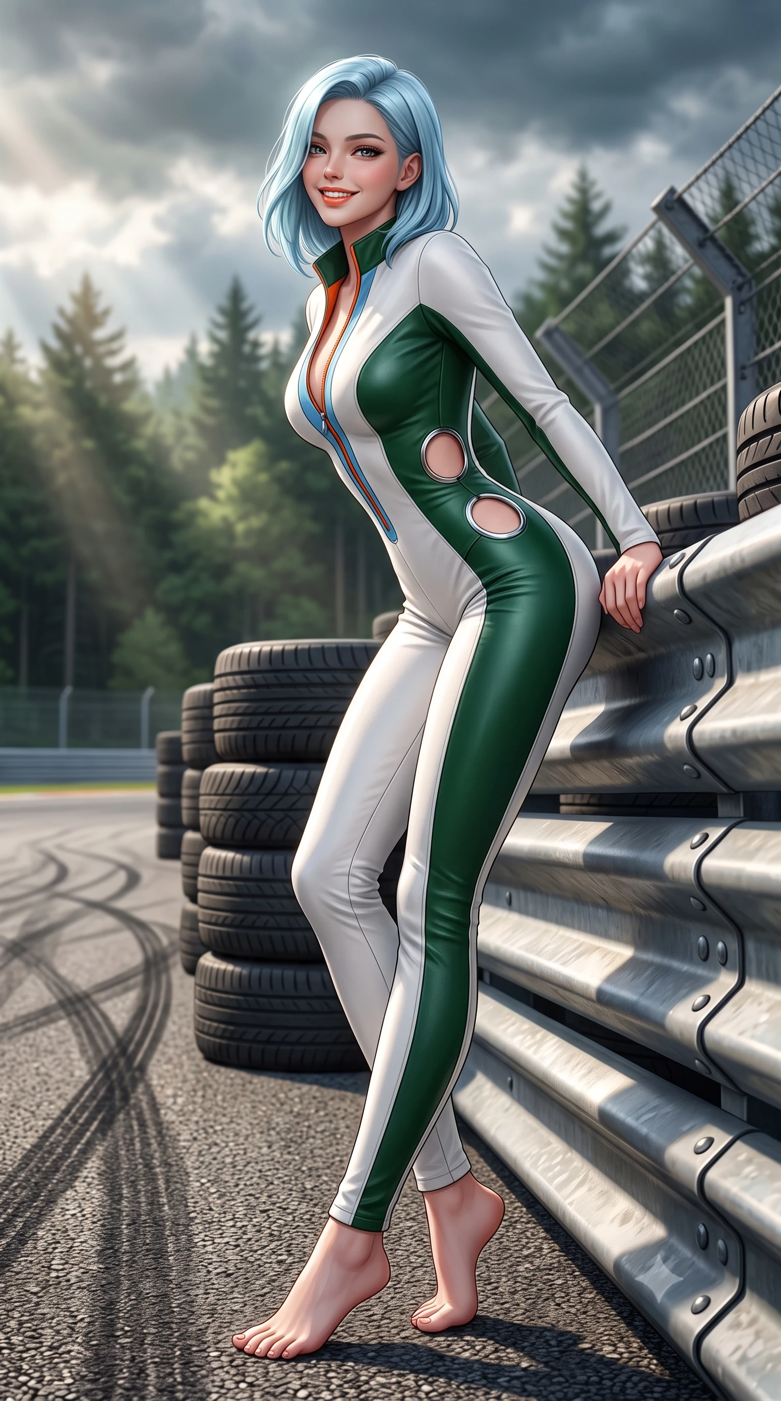 score_9, masterpiece, best quality, ultra-detailed, high-budget anime keyframe, semi-realistic 3D game render, editorial fashion photography, tasteful artistic composition, Korean woman. low angle full-body shot from head to toe showing her feet, filling the entire 9:16 vertical frame with her statuesque presence, stretching her vertical silhouette. leaning deep against the pit lane barrier with hips cocked back in an unapologetically alluring high-fashion stance, flashing a warm beaming smile while leaning against the pit wall tire stack with hips cocked back, looking over a bare shoulder with an intoxicating, adrenaline-charged smile. The surrounding environment is rendered in vivid detail and crisp panoramic clarity: sharp rubber skid mark patterns on tarmac, tire stack texture, and steel safety barrier rivets in deep focus. She has an absolutely perfect, statuesque 8.5-heads proportion, an exceptionally tall and slender model-like female figure with impossibly long slender legs, an ultra-slim waist, a flat toned midriff, narrow delicate ribcage, and beautifully sculpted feminine hips creating a graceful, slim hourglass silhouette without any bulky heaviness. sharp v-shaped jawline, high-bridge nose, sparkling eyes with athletic focus and depth, thick curled eyelashes, glossy parted lips with a natural coral-peach sheen, bright confident and coquettish smile with alluring bedroom-eyes, exuding both youthful sporty vigor and sovereign high-society glamour, flawlessly proportioned anatomical accuracy, strict slender model proportions, natural body alignment, perfectly sculpted long slender limbs, ultra-slim waistline, clean dynamic posture without body distortion. wearing an ultra-tight form-contouring racing leather catsuit in two-tone white and British racing green with a deep-plunging zip neck in vintage Porsche Gulf blue and vibrant race orange, tailored from ultra-soft fine cashmere yarn with an airy athletic drape, finished with sharp laser-cut side ventilation cutouts framed by chrome rings, the liquid-tight tailored fabric clinging flawlessly to her narrow waist and rounded feminine hips, emphasizing every millimeter of her sculpted slim hourglass curves without any bulky heaviness. bathed in dynamic shifting Ardennes sunbeams breaking through moody forest clouds. highly saturated vibrant anime colors, detailed shading with soft gradients, rich glossy textures, high-contrast stereoscopic depth, volumetric dynamic lighting, master piece, 9:16 ratio