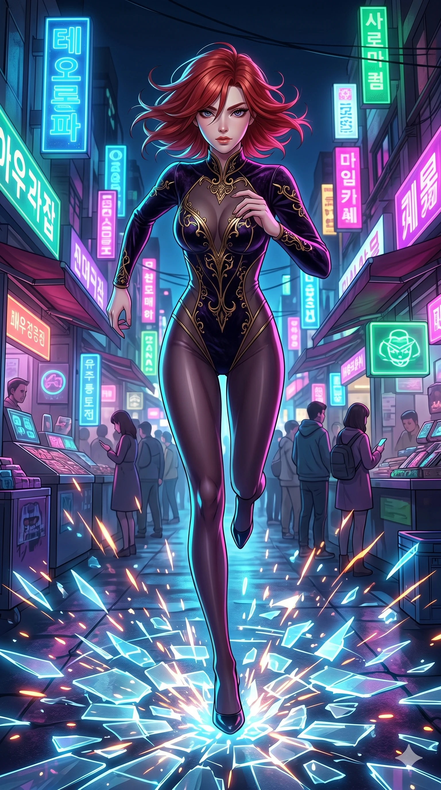 score_9, masterpiece, best quality, ultra-detailed, Set A: High-budget Anime Keyframe, Japanese woman. Low angle cowboy shot filling the entire 9:16 frame with her statuesque presence. Sprinting through a neon-lit Neo-Seoul market, as the ground beneath her turns into 201 shards of light and surrounded by glowing energy sparks. She has an absolutely perfect 8-heads proportion, an exceptionally tall and slender female figure with impossibly long slender legs and an ultra-slim waist. Sharp v-shaped jawline, high-bridge nose, intricate jewel-like eyes with depth, thick eyelashes, glossy lips with a natural sheen. Wearing Crushed dark velvet bodysuit with golden filigree and sheer fabric transparency. Cinematic lighting, vibrant colors, dramatic shadows, 2k, ultra detail, master piece, 9:16 ratio