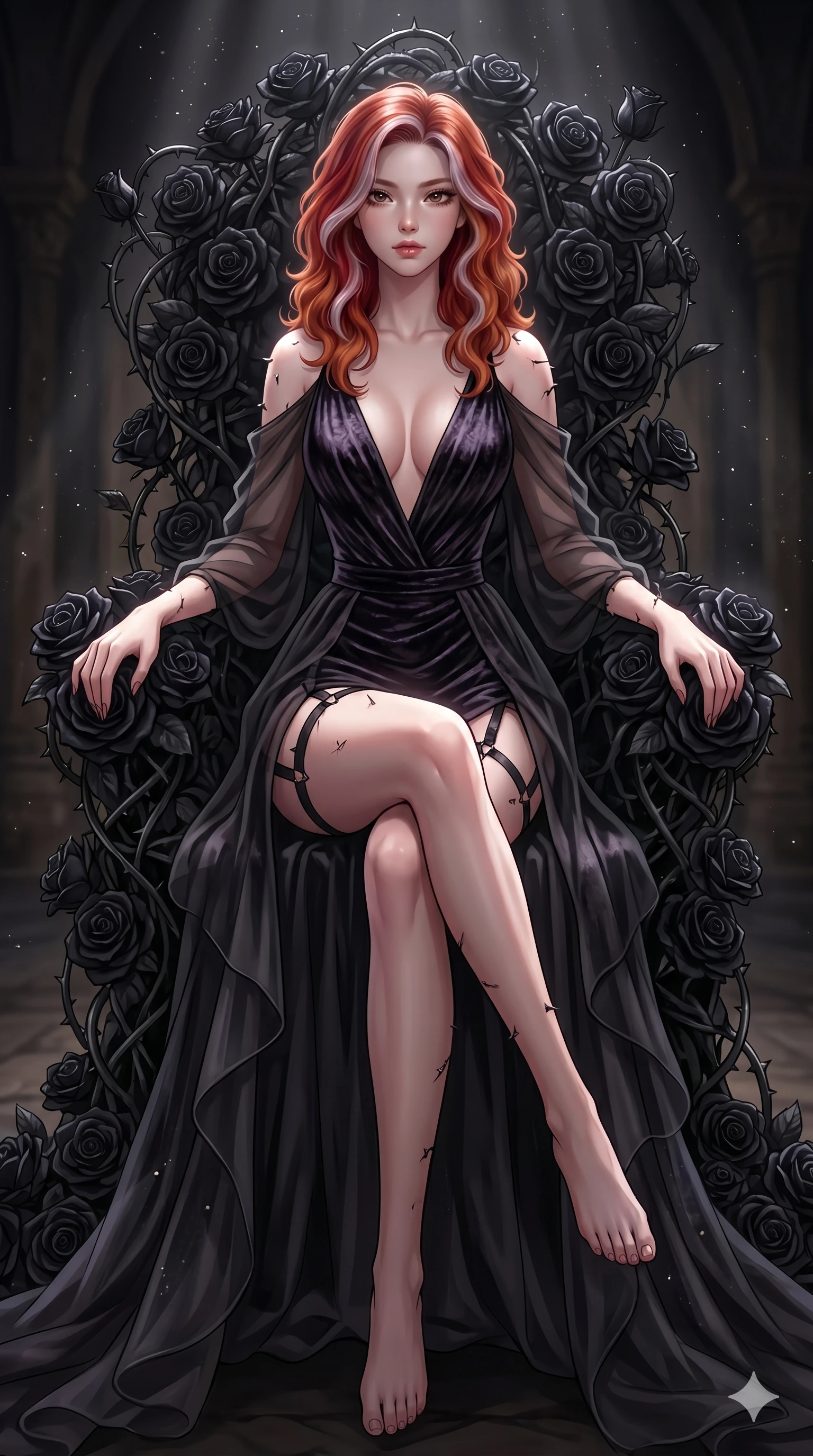 score_9, masterpiece, best quality, ultra-detailed, High-budget Anime Keyframe, East Asian woman. Dynamic full-body shot stretching the vertical silhouette to the limit. Scenario 180: Resting on a throne of black roses, thorns grazing her skin. Her presence is magnetic and overpowering in this high-budget anime scene. Outfit 180: A crushed dark velvet garter with a low-cut shoulder and translucent layers. The clothing is designed to emphasize her exceptionally tall and slender 8-heads proportion. 8-heads proportion, towering silhouette, ultra-slim waist. sharp v-shaped jawline, intricate jewel-like eyes with depth, thick eyelashes, glossy lips. 2k, ultra detail, master piece, 9:16 ratio