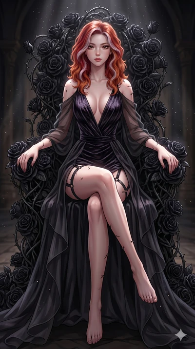 score_9, masterpiece, best quality, ultra-detailed, High-budget Anime Keyframe, East Asian woman. Dynamic full-body shot stretching the vertical silhouette to the limit. Scenario 180: Resting on a throne of black roses, thorns grazing her skin. Her p