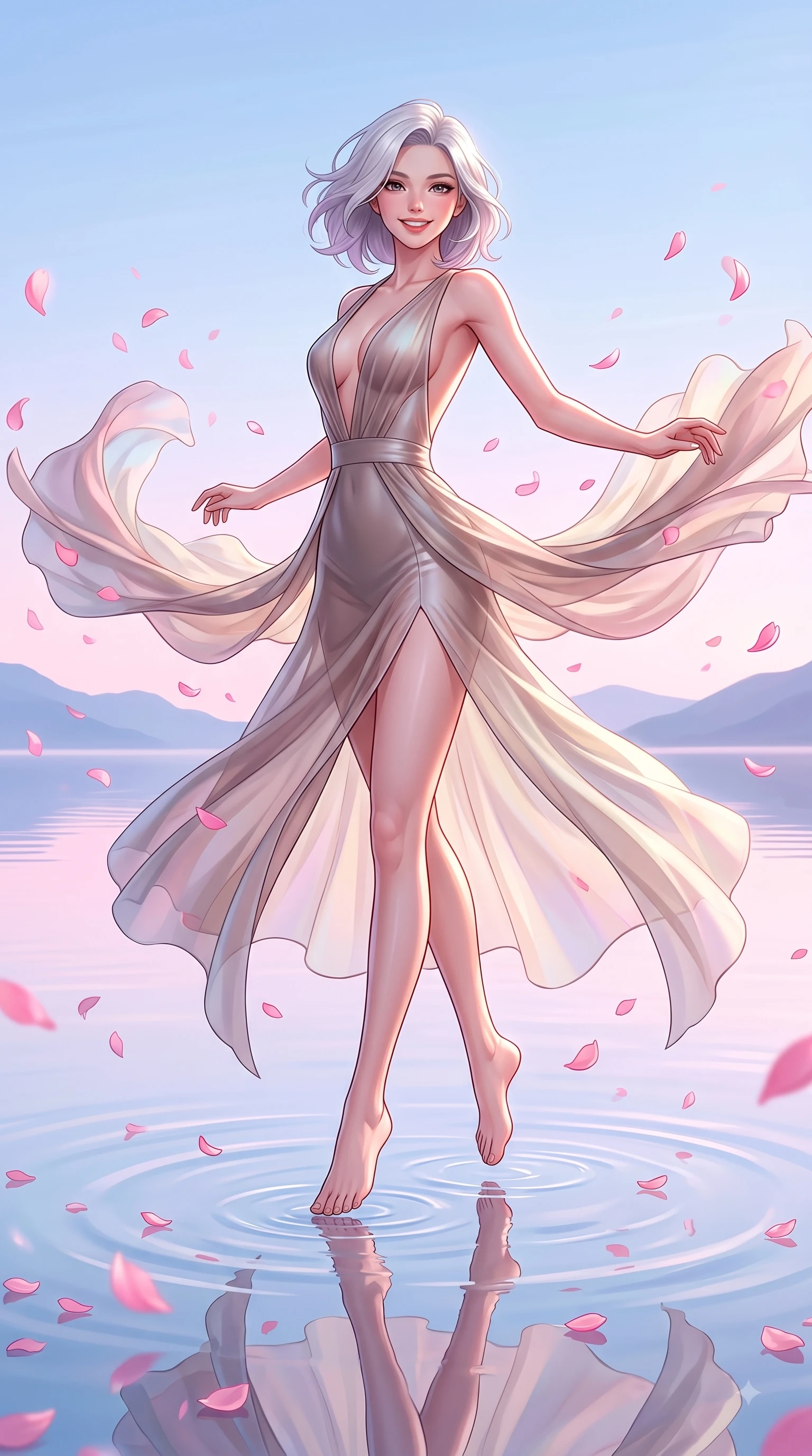 score_9, masterpiece, best quality, ultra-detailed, high-budget anime keyframe, editorial fashion photography, tasteful artistic composition, Caucasian woman. low angle full-body shot from head to toe showing her feet, filling the entire 9:16 vertical frame with her statuesque presence, stretching her vertical silhouette. forging dynamically through the scene with a happy infectious smile, her ultra-slim waist creating a sweeping curve while spinning in mid-air over a serene mirror lake as pink petals rain softly around her, floating pink petals drifting around her in dynamic, cheerful wind currents. She has an absolutely perfect, statuesque 8.5-heads proportion, an exceptionally tall and slender model-like female figure with impossibly long slender legs and an ultra-slim waist. sharp v-shaped jawline, high-bridge nose, intricate jewel-like eyes with depth, thick eyelashes, glossy lips with a natural sheen, flawlessly proportioned anatomical accuracy, natural body alignment, perfectly sculpted elegant limbs, clean dynamic posture without body distortion. wearing a translucent iridescent chiffon gown with a plunging neckline and open back in muted taupe and soft ivory, formed from sleek second-skin neoprene, finished with a sleek side slit ascending to mid-thigh, the form-contouring material highlighting her ultra-slim waist and long lines. illuminated by soft glowing pink ambient light and clear sky refractions. highly saturated vibrant anime colors, detailed shading with soft gradients, rich glossy textures, high-contrast stereoscopic depth, volumetric dynamic lighting, master piece, 9:16 ratio