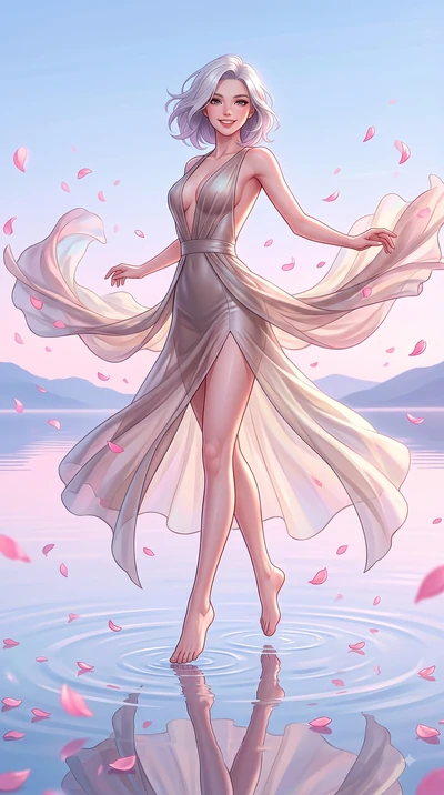 score_9, masterpiece, best quality, ultra-detailed, high-budget anime keyframe, editorial fashion photography, tasteful artistic composition, Caucasian woman. low angle full-body shot from head to toe showing her feet, filling the entire 9:16 vertica