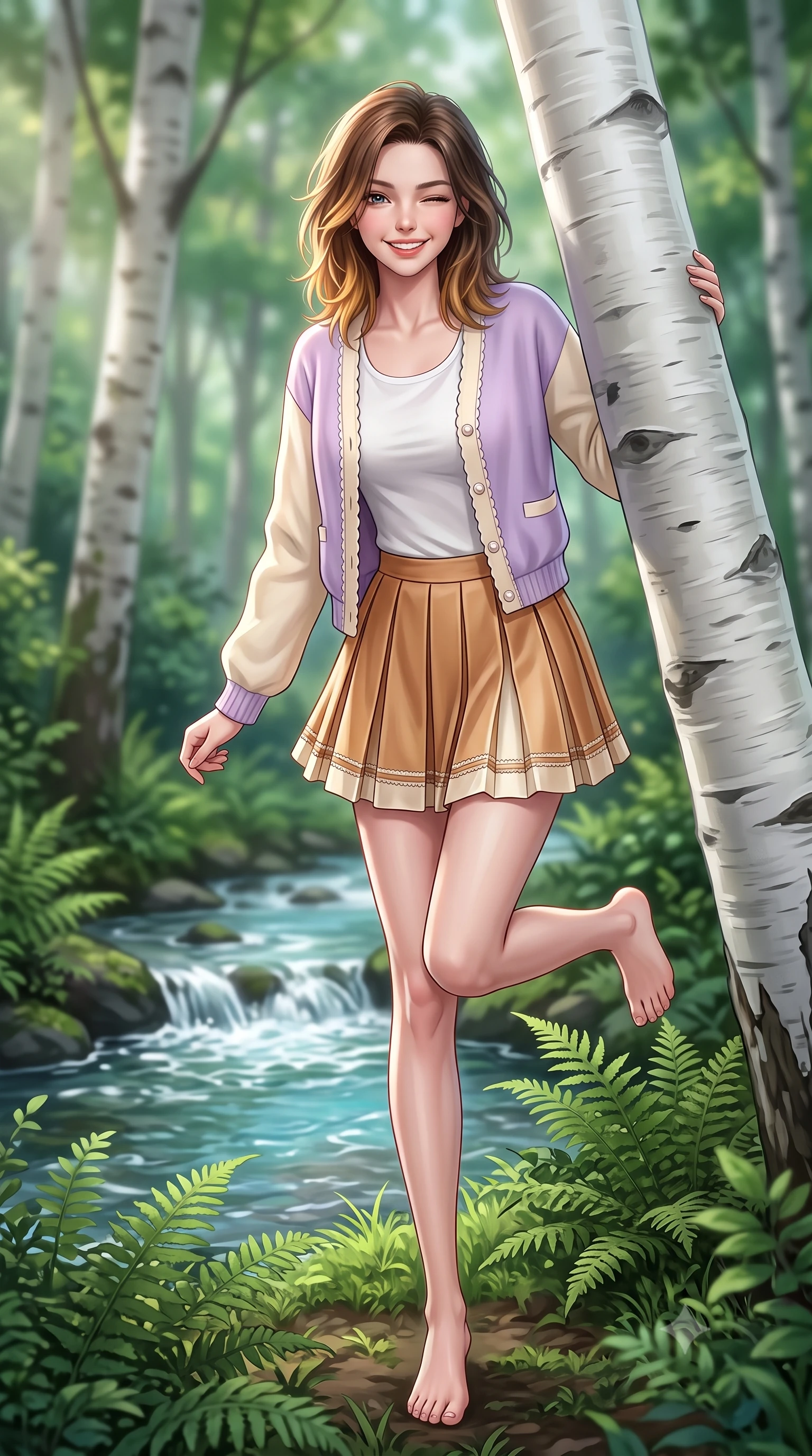 score_9, masterpiece, best quality, ultra-detailed, high-budget anime keyframe, semi-realistic 3D game render, editorial fashion photography, tasteful artistic composition, Korean woman. low angle full-body shot from head to toe showing her feet, filling the entire 9:16 vertical frame with her statuesque presence, stretching her vertical silhouette. standing poised on one leg with a playful hop and joyful expression, her long legs and slender figure highlighted against the landscape while peeking playfully from behind a smooth white birch tree trunk with a charming wink and infectious bright smile. The composition keeps background elements in soft focus with creamy bokeh. babbling brook currents and lush fern undergrowth softened by gentle shallow depth of field. She has an absolutely perfect, statuesque 8.5-heads proportion, an exceptionally tall and slender model-like female figure with impossibly long slender legs, a toned flat midriff, and an ultra-slim waist. sharp v-shaped jawline, high-bridge nose, intricate jewel-like eyes with depth, thick eyelashes, glossy lips with a natural sheen, pure and lovely fresh girlhood expression, flawlessly proportioned anatomical accuracy, strict slender model proportions, natural body alignment, perfectly sculpted long slender limbs, ultra-slim waistline, clean dynamic posture without body distortion. wearing a chic pastel varsity cardigan over a simple white scoop-neck tee and a pleated mini skirt in warm caramel and cream vanilla, crafted from smooth fluid silk satin with a natural gentle sheen, finished with delicate scallop trims and tiny pearl buttons, the body-hugging lightweight knit clinging delicately to her slender torso, accentuating her graceful neck and feminine lines. surrounded by a pure, healing, and magically enchanting forest fairy maiden aura. highly saturated vibrant anime colors, detailed shading with soft gradients, rich glossy textures, high-contrast stereoscopic depth, volumetric dynamic lighting, master piece, 9:16 ratio