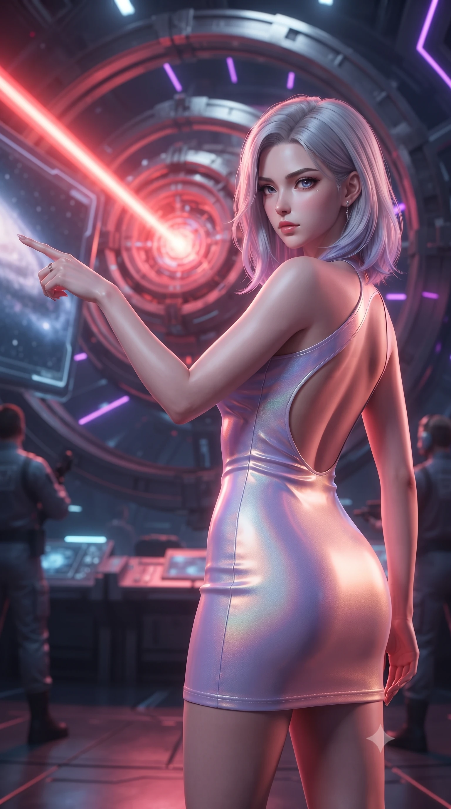 score_9, masterpiece, best quality, ultra-detailed, high-budget anime keyframe, editorial fashion photography, tasteful artistic composition, realistic cosplay photography, Caucasian woman, strictly human ears. close-up cowboy shot from the waist and thighs up, the character dominates the composition, filling the frame with her large presence, background elements kept in soft focus. Commanding the starship crew with a decisive gesture, pointing toward the galactic viewscreen. set against a soft-focus background of inside a super-weapon chamber, a massive red laser beam gathering energy in the center of rotating metal rings. She has an exceptionally elegant and slender, willowy female figure with an ultra-slim waist, a gracefully sculpted slender torso, and a refined slim physique. sharp v-shaped jawline, high-bridge nose, intricate jewel-like eyes with depth, thick eyelashes, glossy lips with a natural sheen. wearing catching and diffusing the glowing particles, shimmering softly in response to the surrounding light, a form-contouring one-shoulder mini dress in a holographic lavender-to-peach colorway, with a dramatically scooped open back. laser lines of violet and hot pink reflecting off surfaces casting geometric neon highlights. ultra-reflective glossy finish, specular highlights, metallic sheen, high-contrast stereoscopic depth, volumetric dynamic lighting, 2k, ultra detail, master piece, 9:16 ratio
