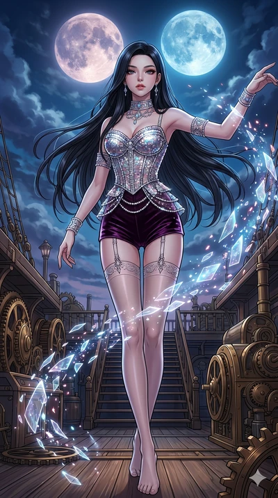 score_9, masterpiece, best quality, ultra-detailed, high-budget anime movie keyframe, cinematic anime lighting, intricate line art, Caucasian (strictly human ears) woman. Low angle cowboy shot filling the entire 9:16 frame with her statuesque presenc