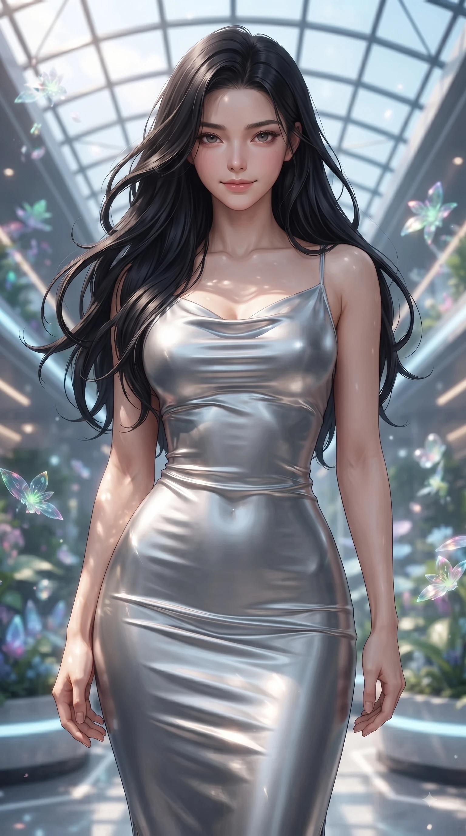 score_9, masterpiece, best quality, ultra-detailed, high-budget anime keyframe, editorial fashion photography, tasteful artistic composition, Korean woman woman. close-up cowboy shot from the waist and thighs up, the character dominates the composition, filling the frame with her large presence, background elements kept in soft focus. She has an exceptionally elegant, slender, and willowy female figure with an ultra-slim waist, a gracefully sculpted slender torso, and a refined silhouette. smiling with quiet, magnetic self-assurance directly into the camera lens, flawlessly proportioned anatomical accuracy, natural body alignment, perfectly sculpted elegant limbs, clean dynamic posture without body distortion. set against a soft-focus background of a futuristic botanical pavilion with floating hologram plants. wearing a sleek bodycon liquid silver jersey dress hugging every curve with a subtle cowl neckline. bathed in dappled morning sunlight filtering through glass roof grid structures. ultra-reflective glossy finish, specular highlights, metallic sheen, high-contrast stereoscopic depth, volumetric dynamic lighting, 2k, ultra detail, master piece, 9:16 ratio