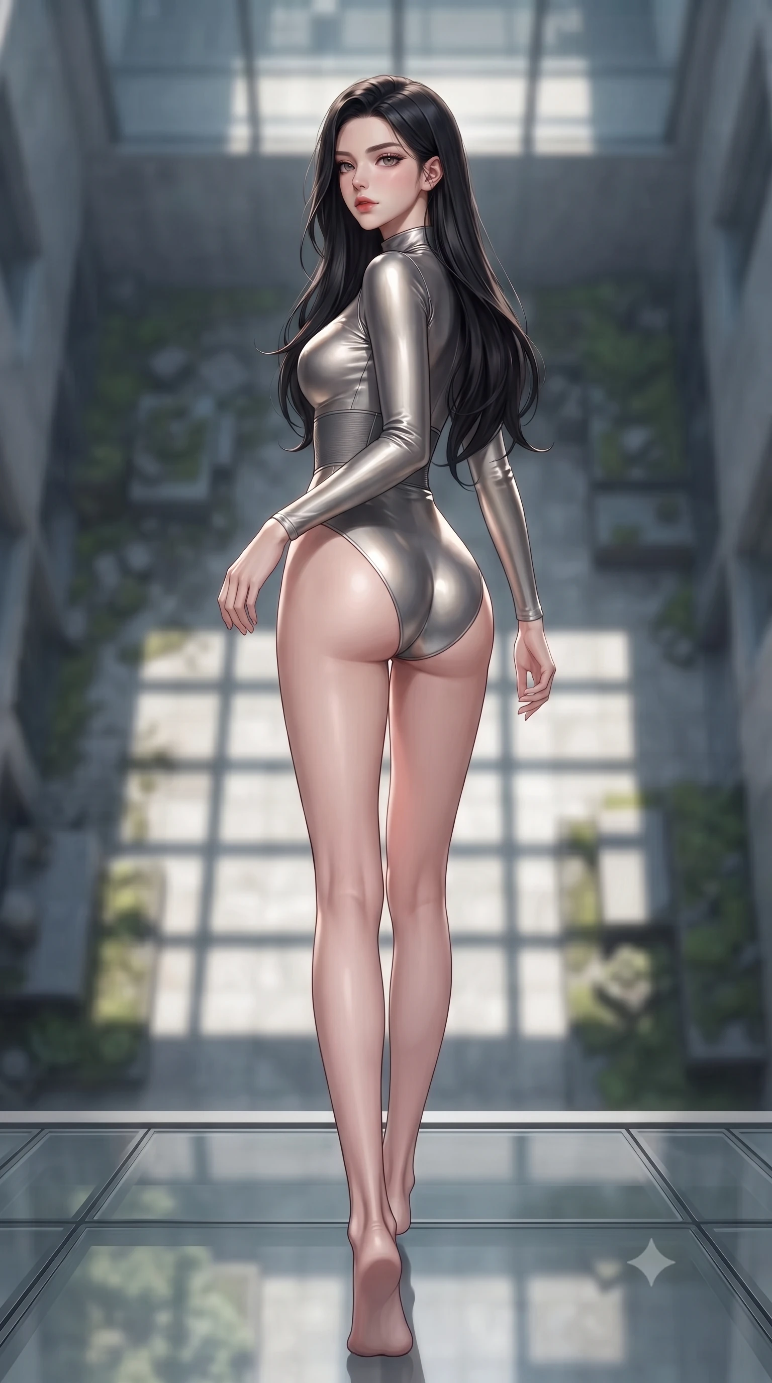 score_9, masterpiece, best quality, ultra-detailed, high-budget anime keyframe, editorial fashion photography, tasteful artistic composition, Korean woman. low angle full-body shot from head to toe showing her feet, filling the entire 9:16 vertical frame with her statuesque presence, stretching her vertical silhouette. walking slowly along a glass skybridge, looking back over her shoulder with an air of effortless grace, the background shows a soft-focus an abandoned pilot academy courtyard surrounded by cold iron walls and moss. She has an absolutely perfect, statuesque 8.5-heads proportion, an exceptionally tall and slender model-like female figure with impossibly long slender legs and an ultra-slim waist. sharp v-shaped jawline, high-bridge nose, intricate jewel-like eyes with depth, thick eyelashes, glossy lips with a natural sheen. wearing a body-hugging body-hugging titanium-sheen mock-neck bodysuit, featuring elastic compression panels at the waist. crisp morning sunlight casting sharp, clean grid shadows across the courtyard. ultra-reflective glossy finish, specular highlights, metallic sheen, high-contrast stereoscopic depth, volumetric dynamic lighting, 2k, ultra detail, master piece, 9:16 ratio
