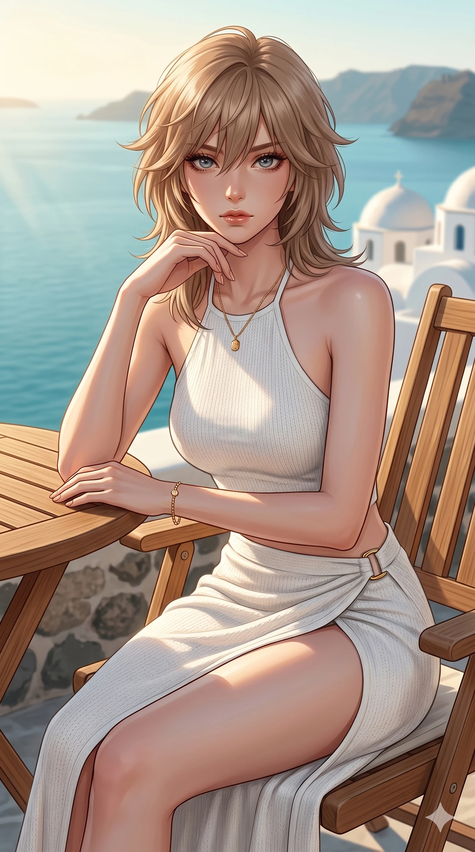 score_9, masterpiece, best quality, ultra-detailed, high-budget anime keyframe, editorial fashion photography, tasteful artistic composition, Japanese woman. cowboy shot from the thighs up, character and outfit filling the frame for maximum editorial presence. resting her chin on her fingers, looking directly into the lens with a piercing, mysterious gaze on a private teak sun-deck of a cliffside villa in Santorini, overlooking the calm Aegean sea (Code-P138). She has an absolutely perfect 8-heads proportion, an exceptionally tall and slender female figure with impossibly long slender legs and an ultra-slim waist. V-shaped jawline, high-bridge nose, intricate jewel-like eyes with depth, thick eyelashes, glossy lips with a natural sheen. wearing a white knit halter top showing her elegant clavicle lines, and a high-slit wrap skirt. drenched in brilliant afternoon sunshine, casting warm rays that trace the curves of her athletic figure. 2k, ultra detail, master piece, 9:16 ratio