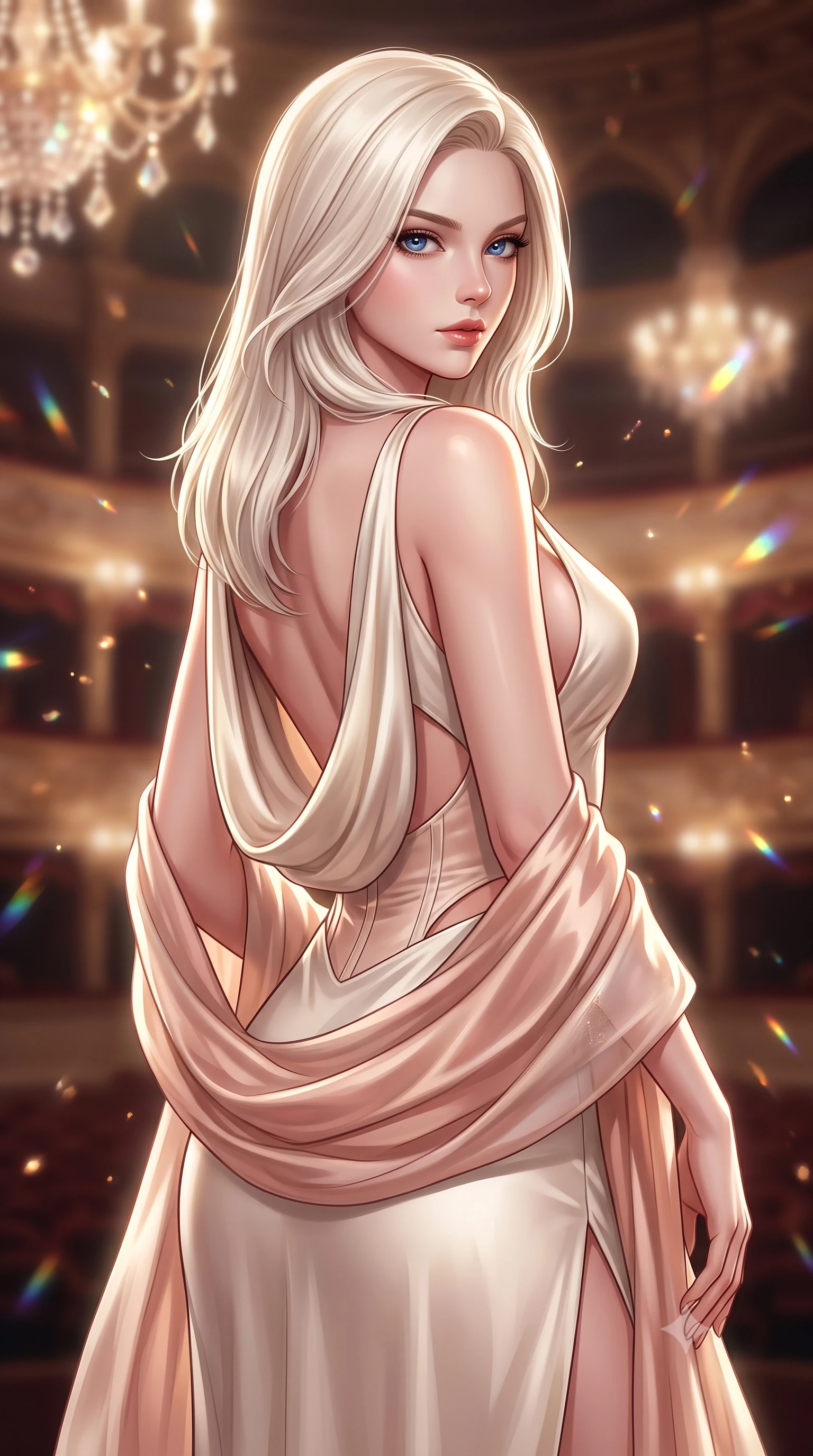 score_9, masterpiece, best quality, ultra-detailed, high-budget anime keyframe, semi-realistic 3D game render, editorial fashion photography, tasteful artistic composition, Caucasian woman. close-up cowboy shot from the waist and thighs up, the character dominates the composition, filling the frame with her large presence. radiating intense magnetic charisma with jewel-like eyes locked onto the viewer, her upper body turning in a dynamic, fluid S-curve while arching her spine in a fluid, regal posture while casting a mesmerizing, sovereign gaze into the lens. The composition keeps background elements in soft focus with creamy bokeh. shimmering chandelier prism refractions scattering warm champagne light motes across the royal theater. She has an exceptionally elegant, slender, and willowy female figure with an ultra-slim waist, a gracefully sculpted slender torso, toned flat midriff, and a refined slim silhouette. sharp v-shaped jawline, high-bridge nose, intricate jewel-like eyes with depth, thick eyelashes, glossy lips with a natural sheen, captivating and magnetic expression, flawlessly proportioned anatomical accuracy, strict slender model proportions, natural body alignment, perfectly sculpted long slender limbs, ultra-slim waistline, clean dynamic posture without body distortion. wearing a liquid jersey evening slip dress with a draped cowl back swooping down to her waist in champagne ivory and delicate rose gold, tailored from fluid silk crepe with delicate inner corsetry boning, finished with a gossamer silk shawl draped loosely over her elbows, the precision-cut daring openings accentuating her delicate midriff, graceful bare collarbones, and ultra-slim feminine waistline. surrounded by an aristocratic, majestic, and enchantingly sovereign high-society queen aura. highly saturated vibrant anime colors, detailed shading with soft gradients, rich glossy textures, high-contrast stereoscopic depth, volumetric dynamic lighting, master piece, 9:16 ratio