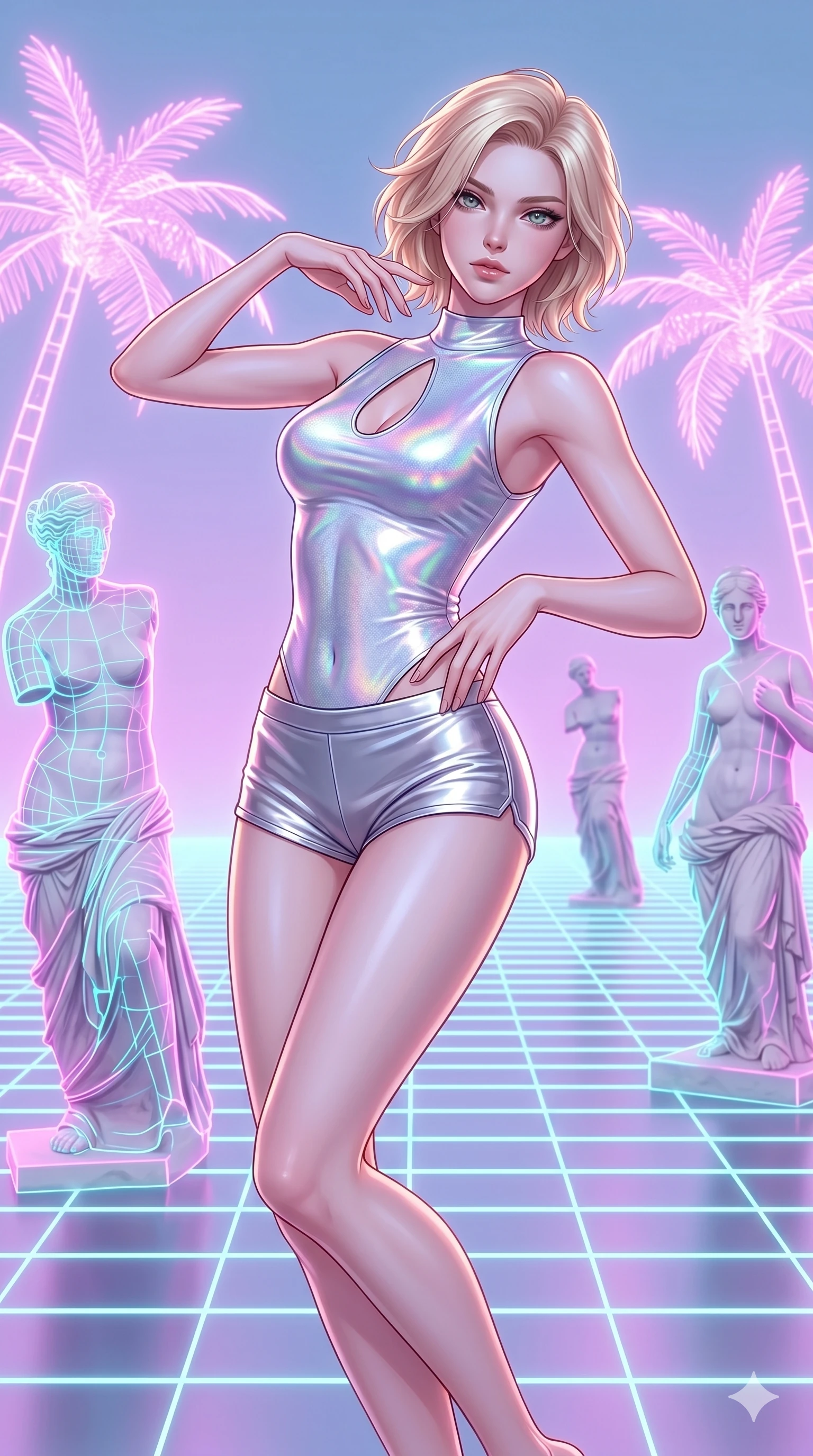 score_9, masterpiece, best quality, ultra-detailed, high-budget anime keyframe, Korean woman. upper body close-up from the thighs up, character filling the screen for maximum presence. drifting through a holographic vaporwave oasis with floating grid floors, lo-fi marble statues, and glowing pink palms. She has an absolutely perfect 8-heads proportion, an exceptionally tall and slender female figure with impossibly long slender legs and an ultra-slim waist. V-shaped jawline, high-bridge nose, intricate jewel-like eyes with depth, thick eyelashes, glossy lips with a natural sheen.. wearing a holographic liquid silk vest and silver metallic micro-shorts, featuring a keyhole cutout and form-fitting silhouette. lit by a soft glowing ambient light and a sharp side key light that traces the sleek contours of her athletic build. 2k, ultra detail, master piece, 9:16 ratio