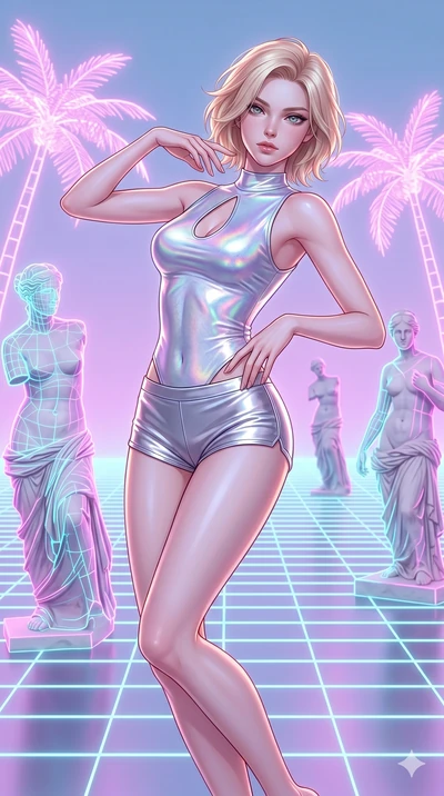 score_9, masterpiece, best quality, ultra-detailed, high-budget anime keyframe, Korean woman. upper body close-up from the thighs up, character filling the screen for maximum presence. drifting through a holographic vaporwave oasis with floating grid